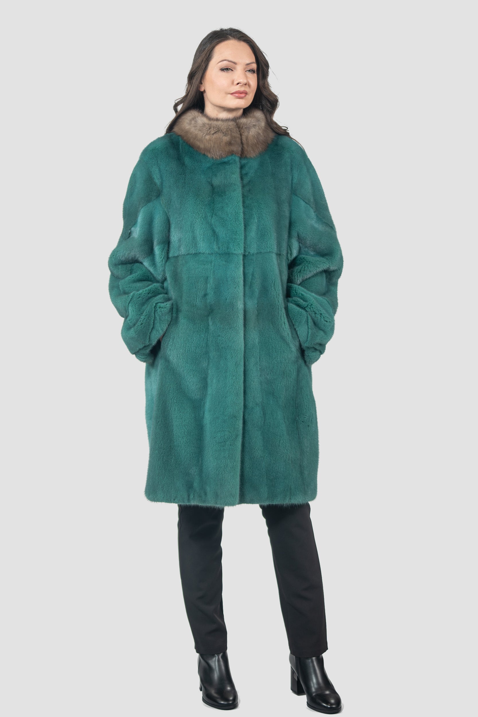 Green Mink Half Coat with Russian Sable-Trimmed Stand Collar
