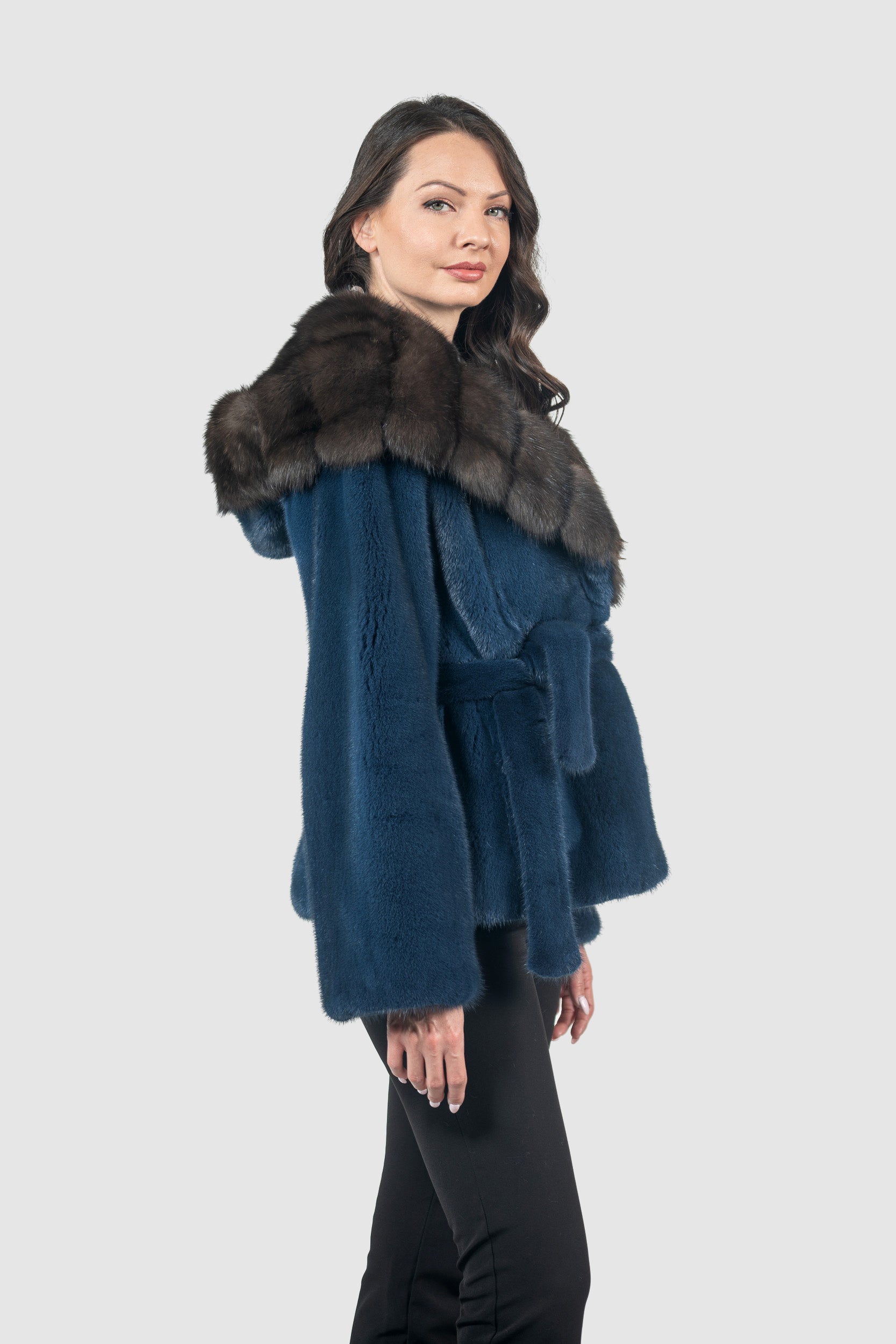 Blue Jean Mink Half Coat with Russian Sable Hood