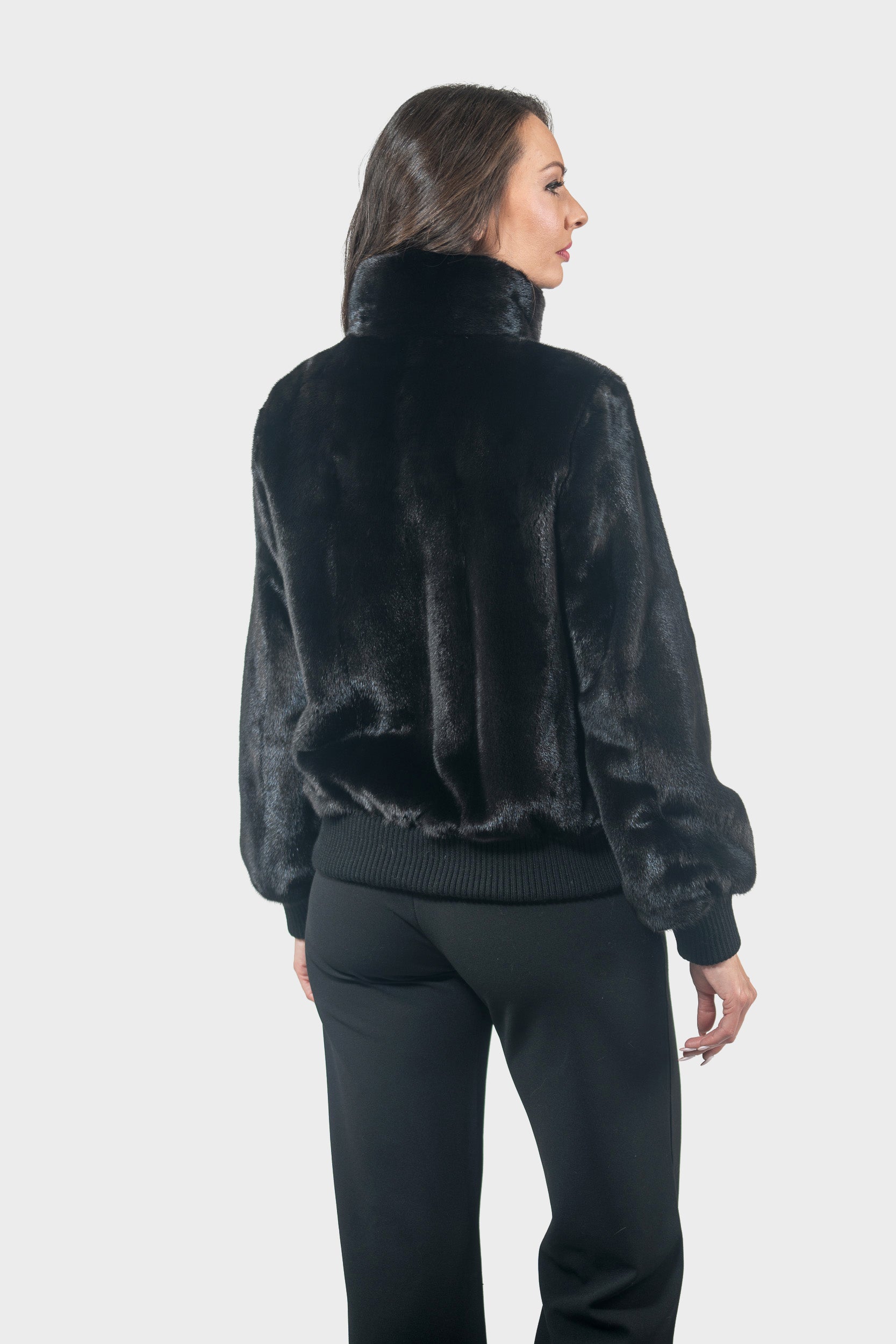 Black Mink Bomber Jacket with Stand Collar