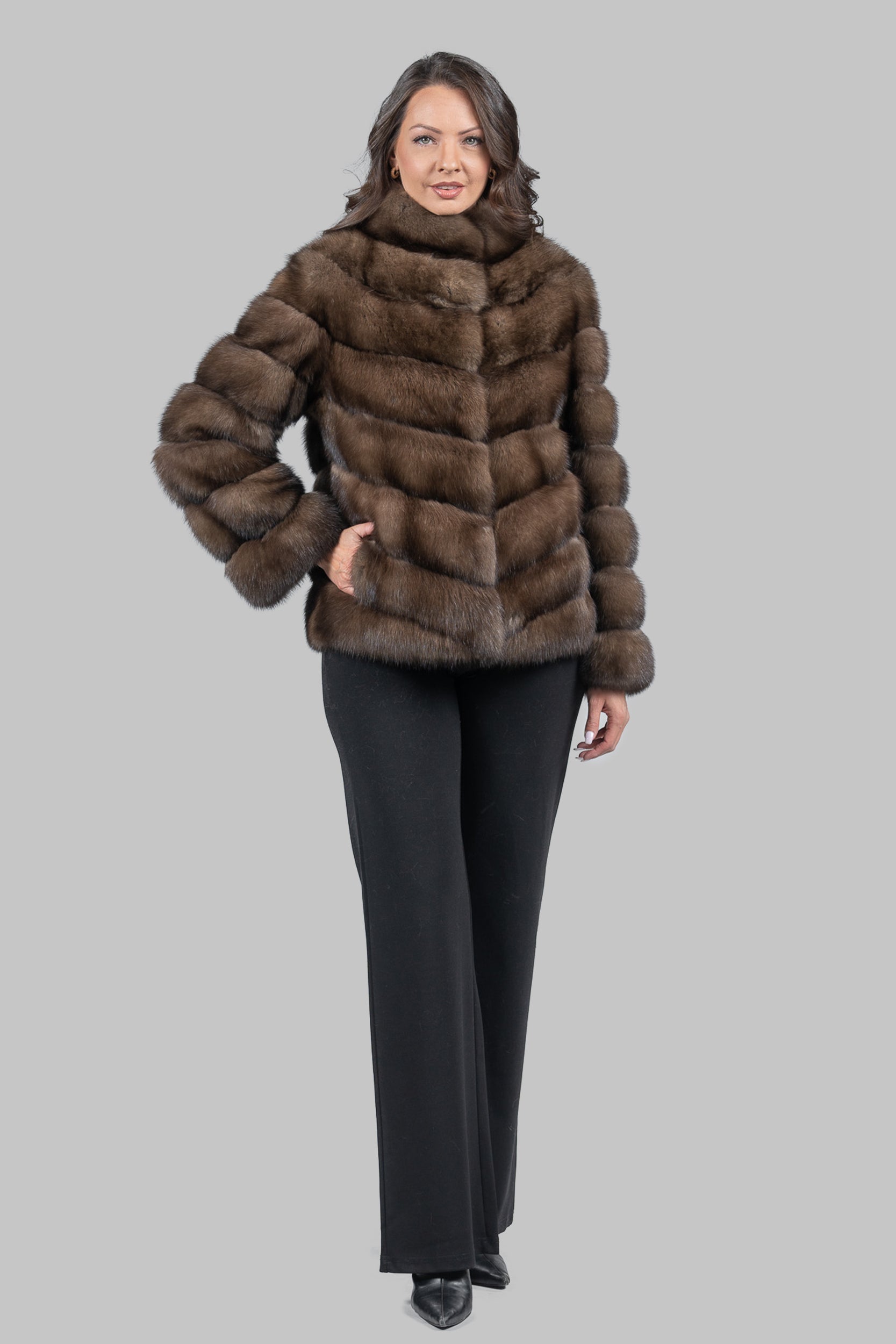 Graphite Russian Sable Chevron Jacket with Stand Collar