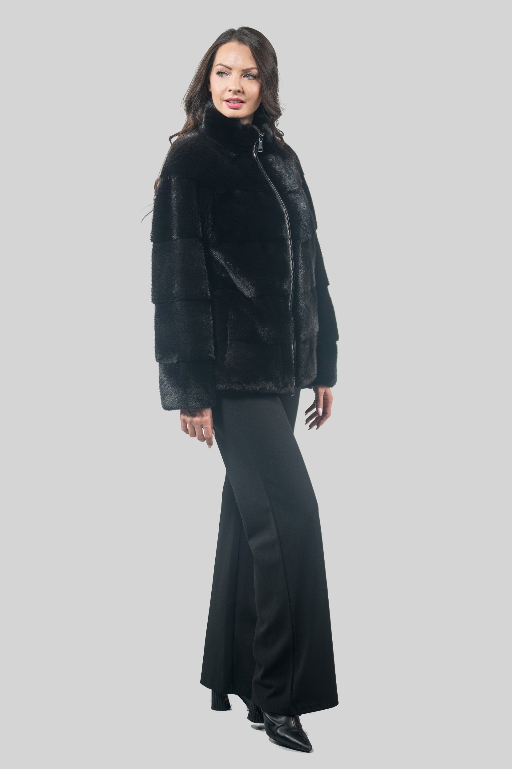 Black Mink Jacket with Stand Collar and Zipper