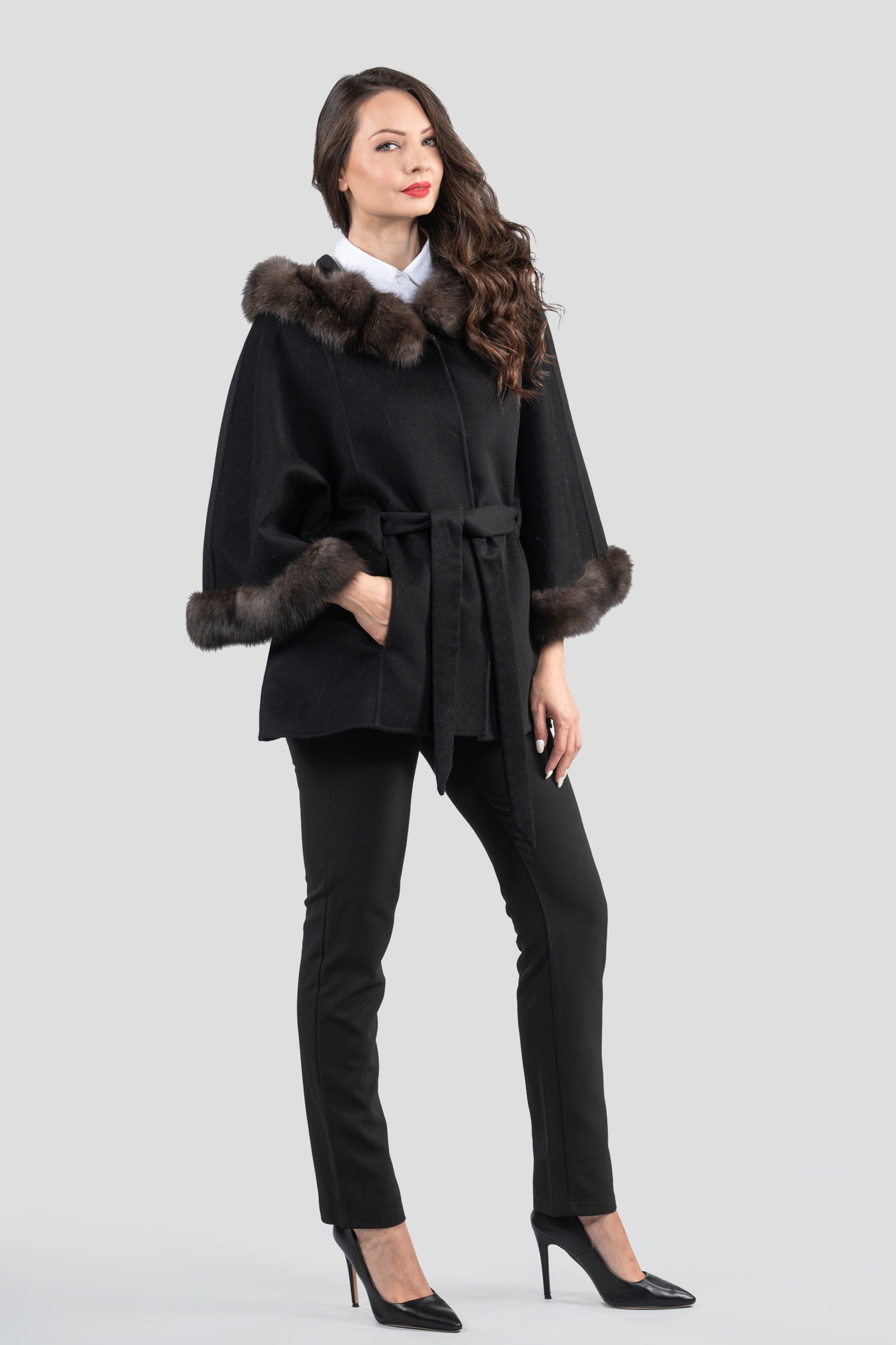 Black Cashmere Hooded Cape with Russian Sable Trim