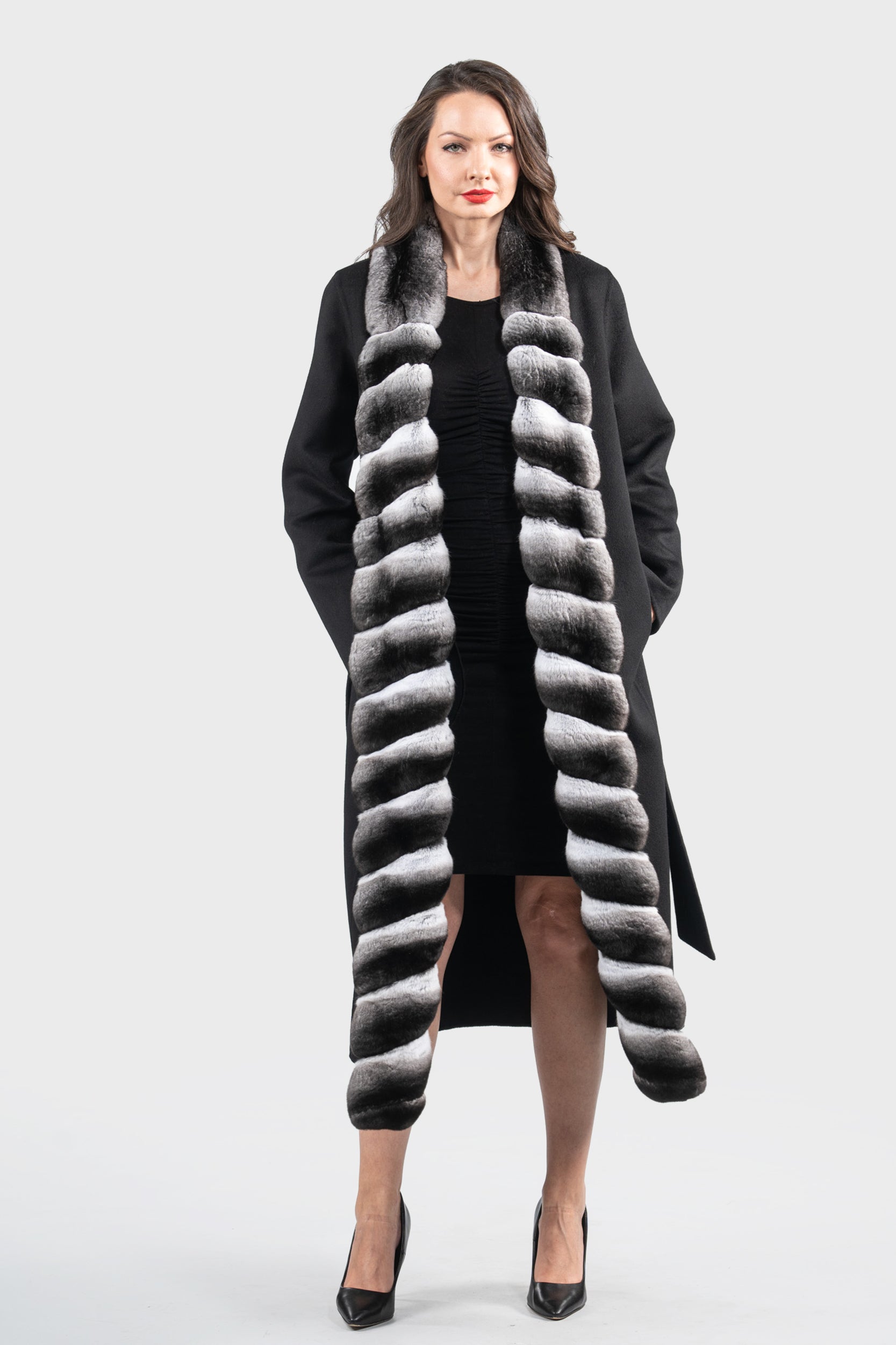 CASIANI | Black Cashmere Coat with Chinchilla Trim