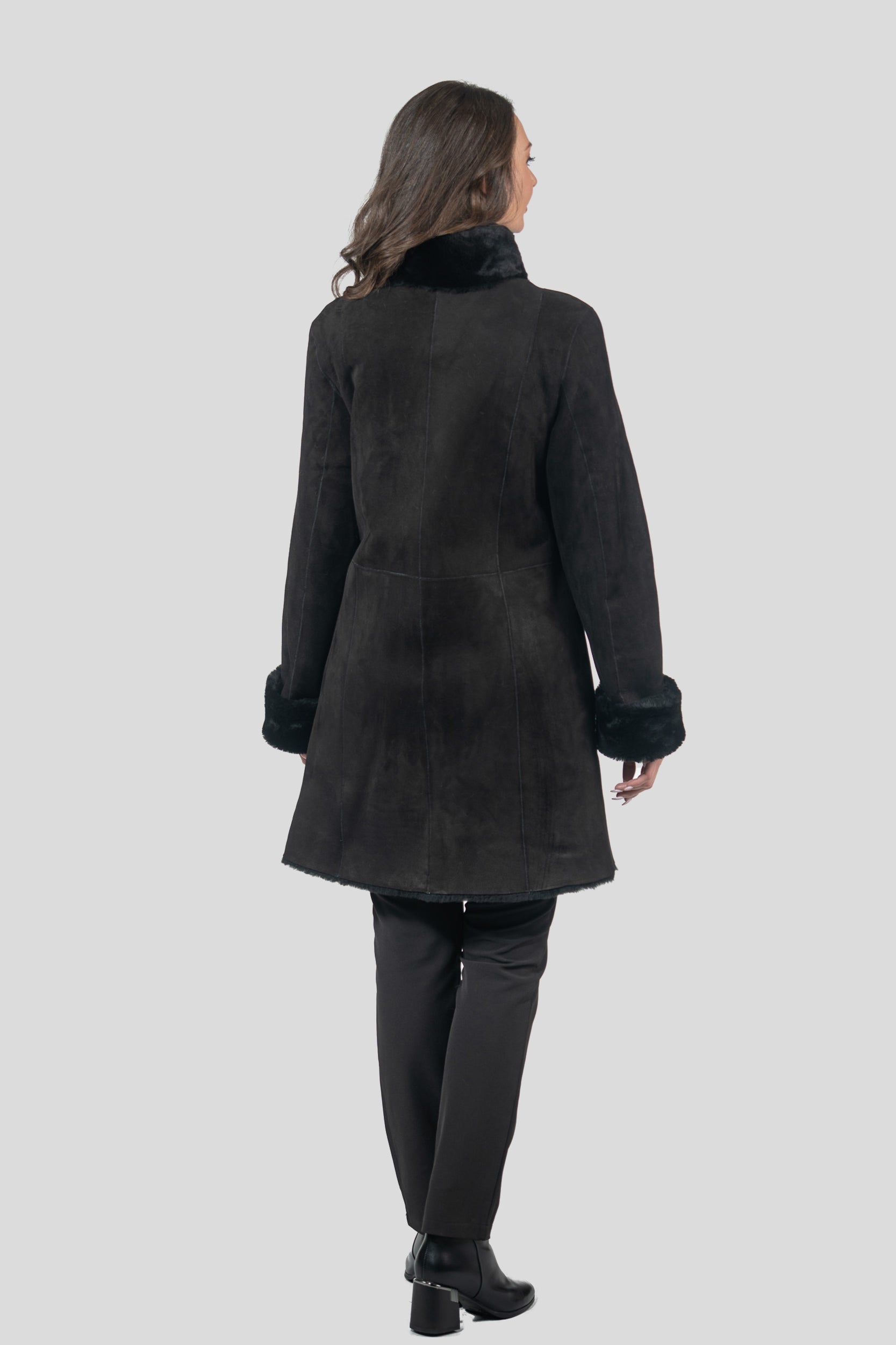Black Half Coat In Spanish Merino with Stand Collar