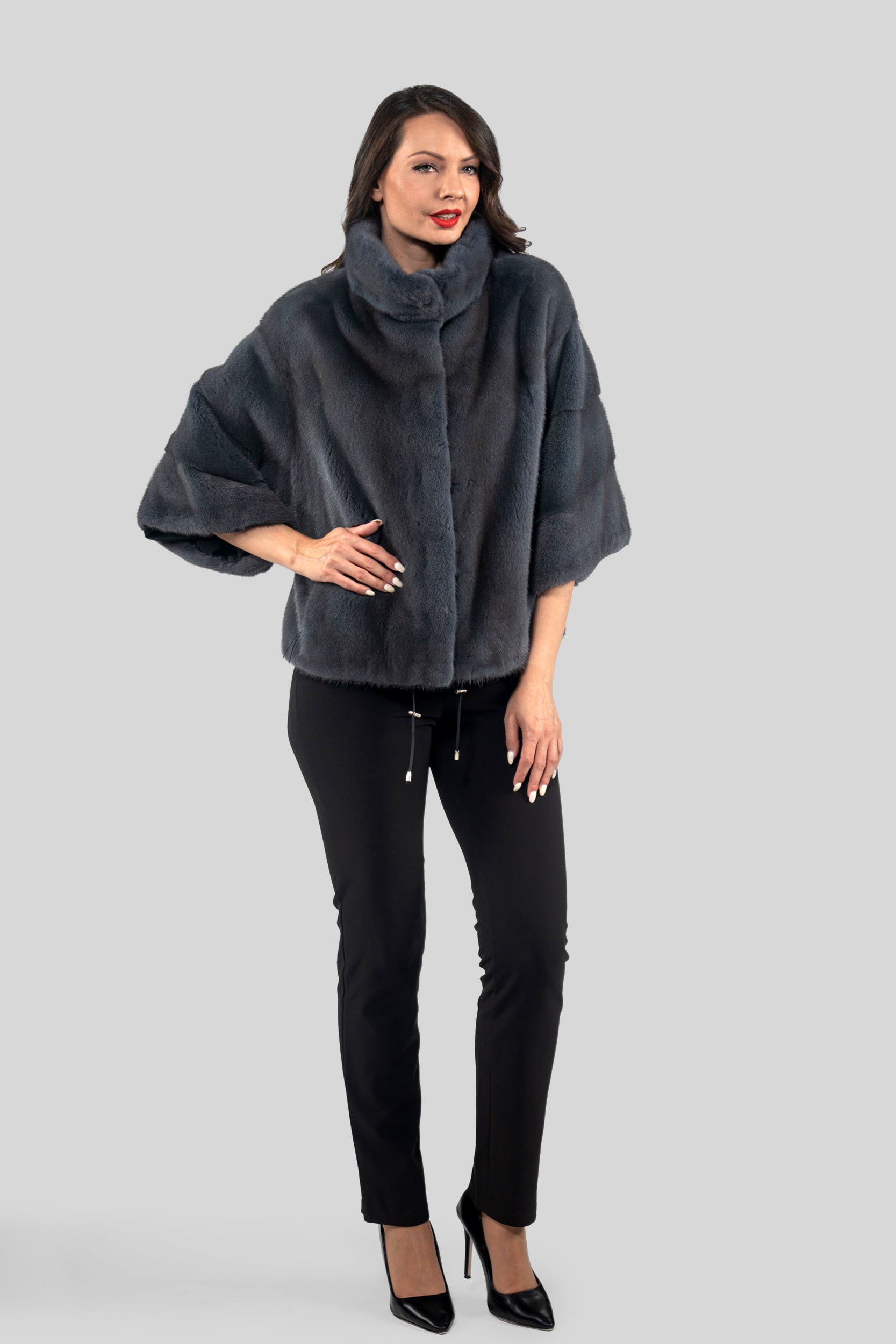 Aubergine Mink Jacket with Stand Collar and Short Sleeves