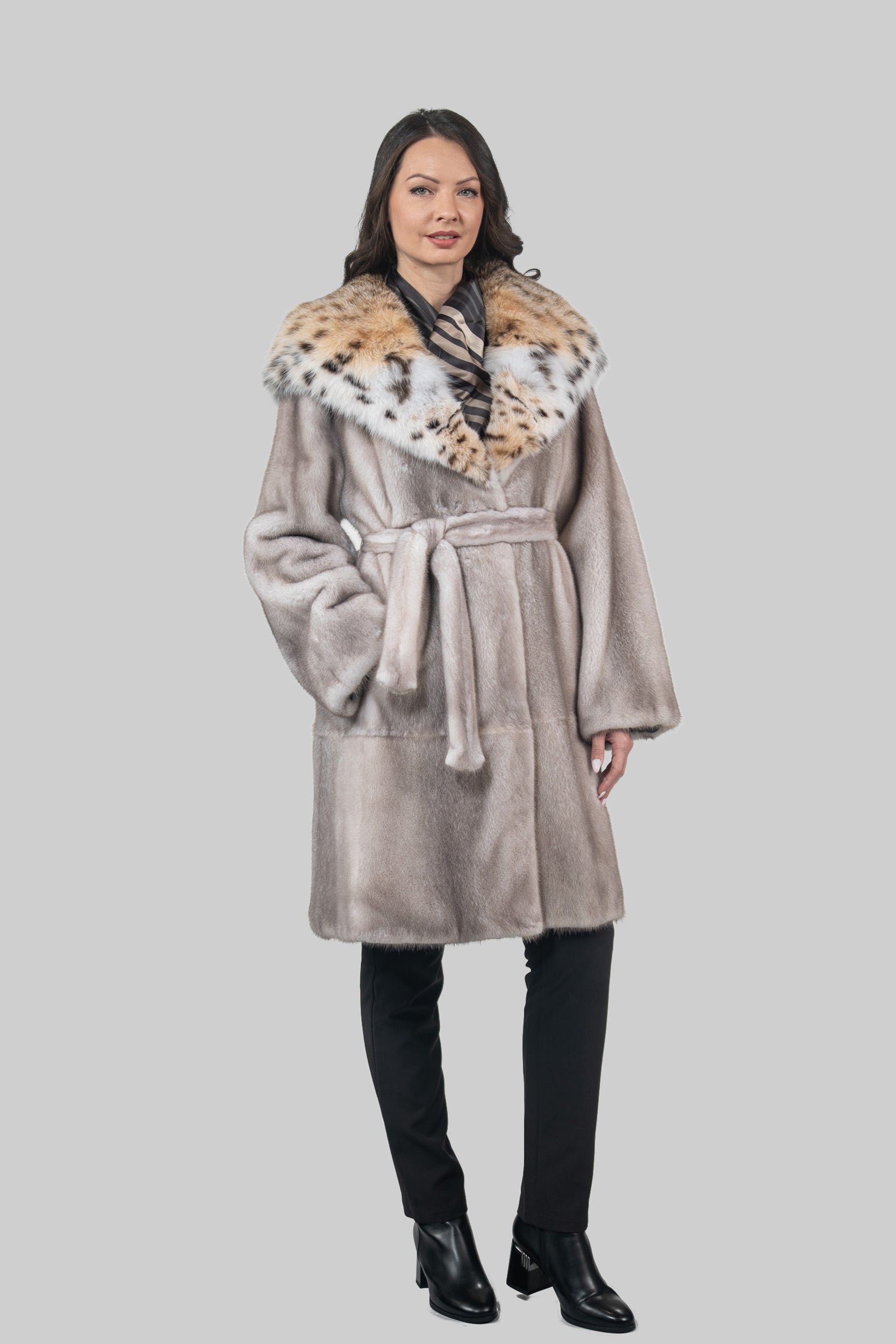 Silver Blue Mink Coat with Bobcat Hood