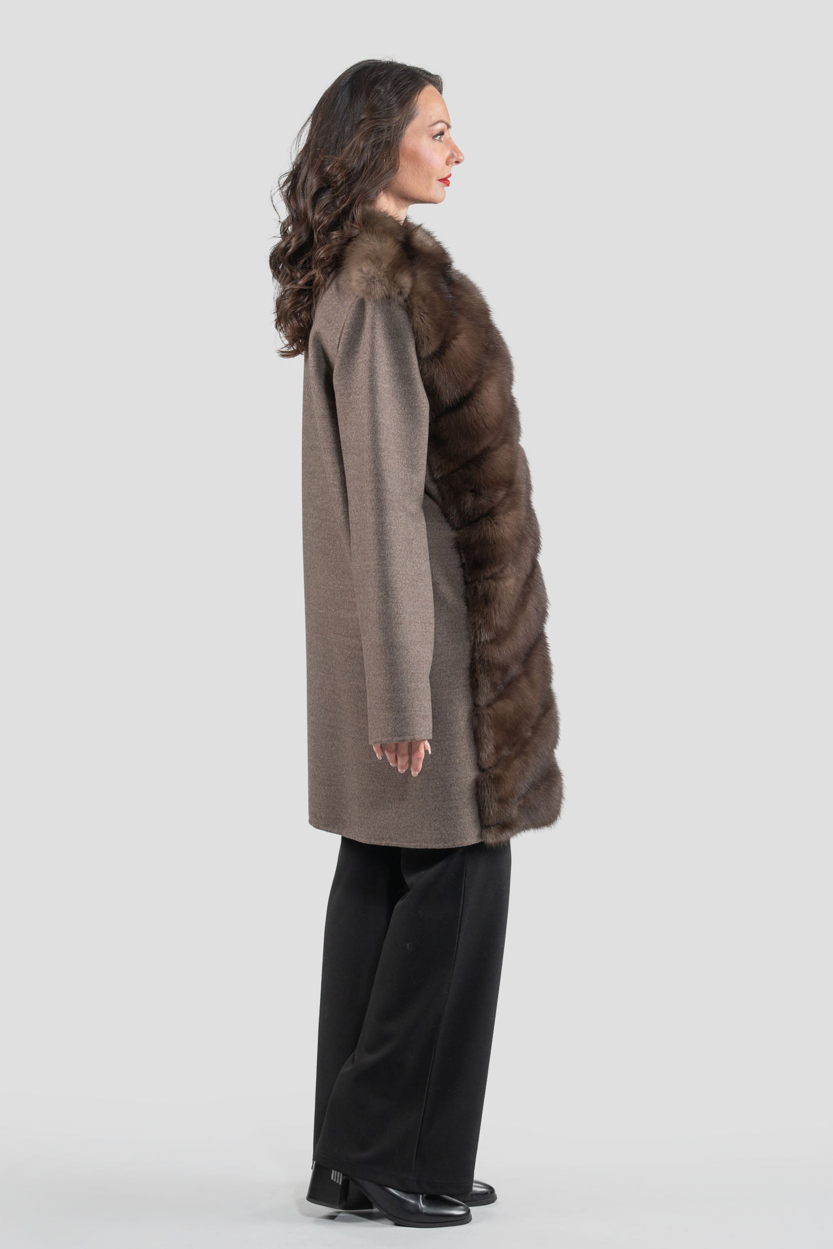 Brown Grey Cashmere Half Coat with Baumarten Trim
