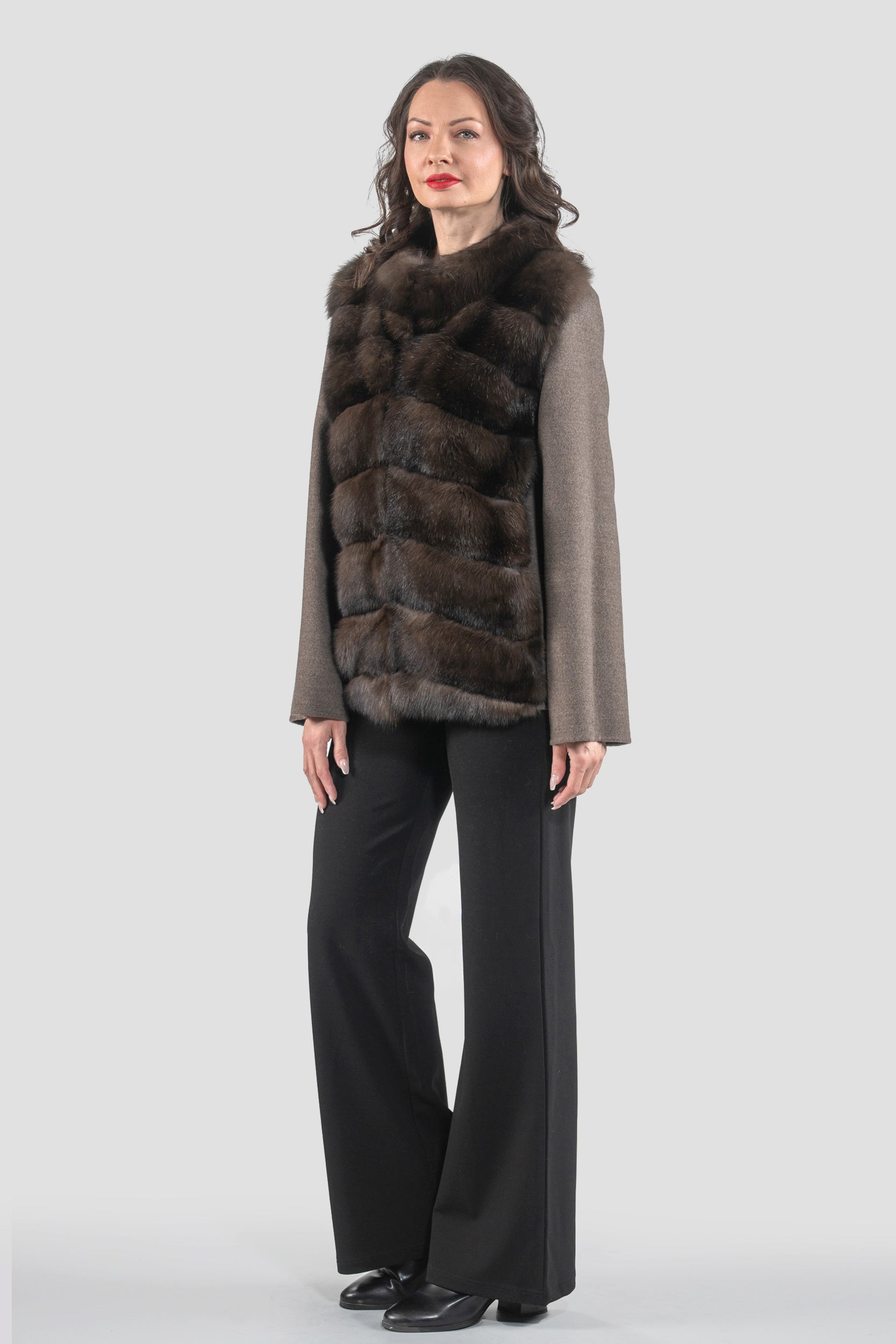 Brown Grey Cashmere Jacket with Baumarten Fur Trim