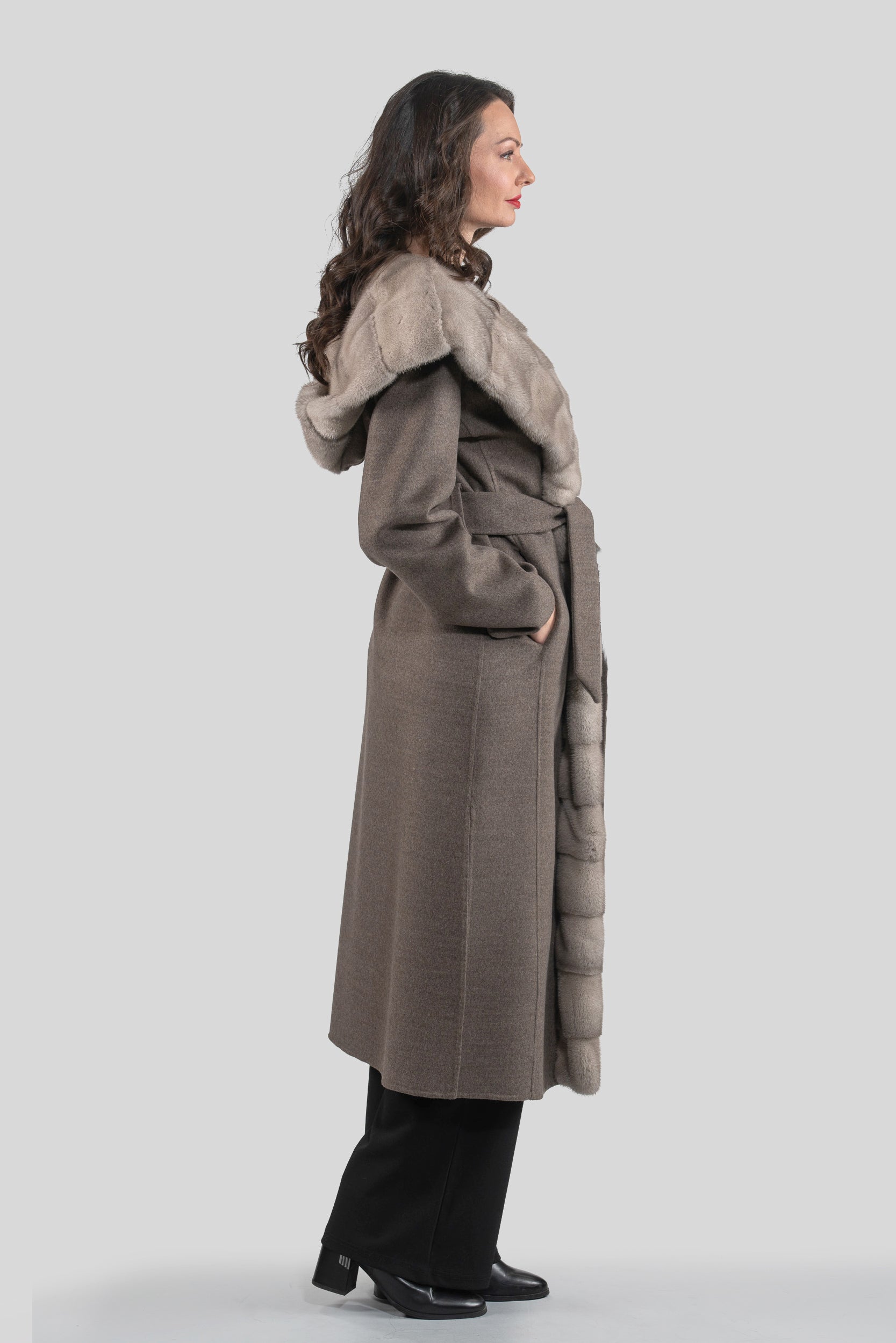 Grey Brown Cashmere Hooded Coat with Mink Trim