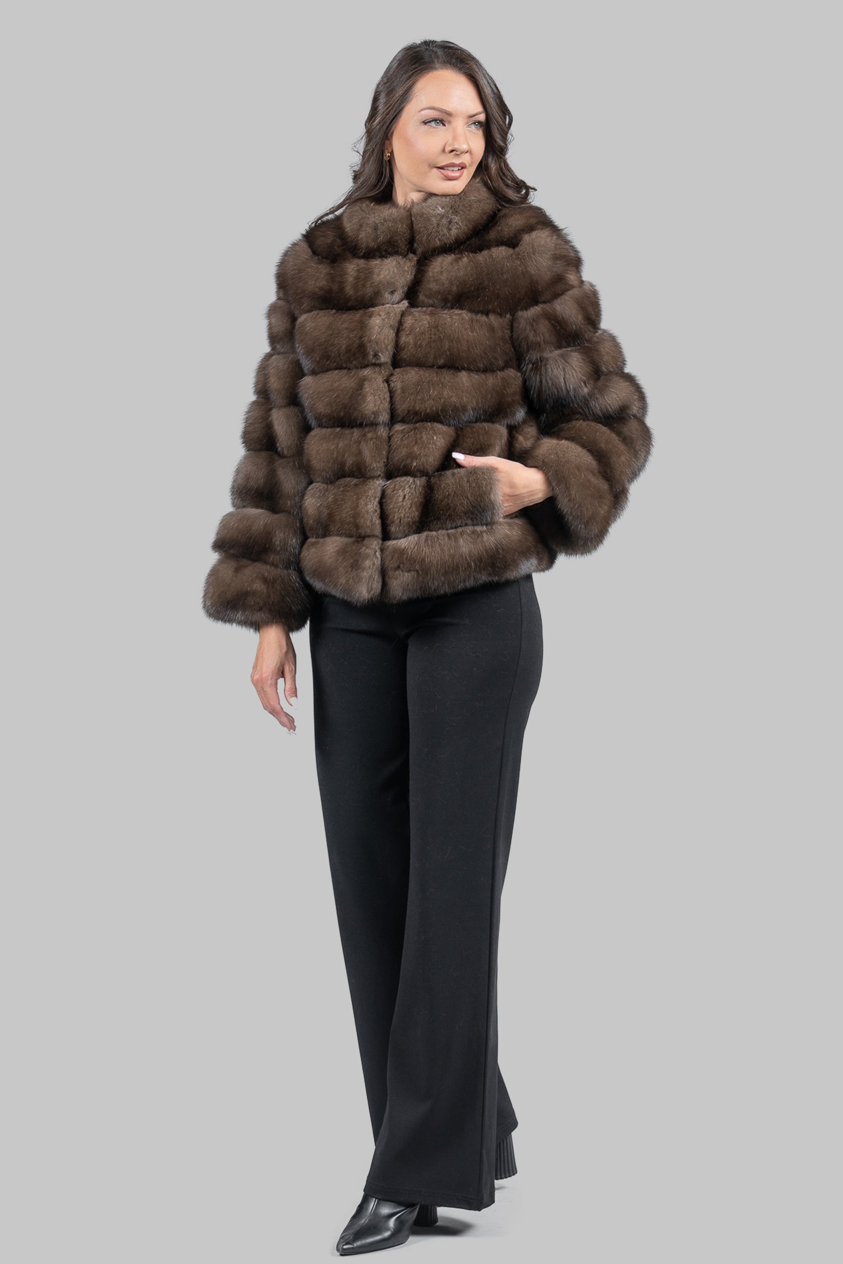 Graphite Russian Sable Cropped Jacket with Stand Collar