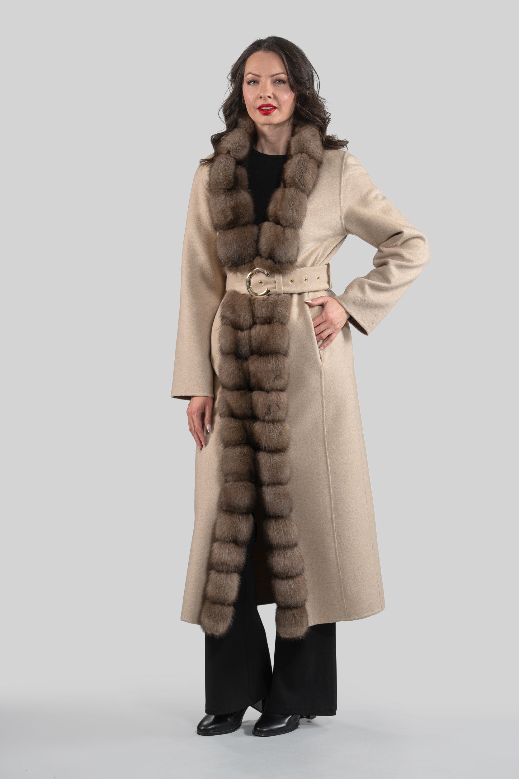 Ecru Beige Cashmere Coat with Russian Sable Trim