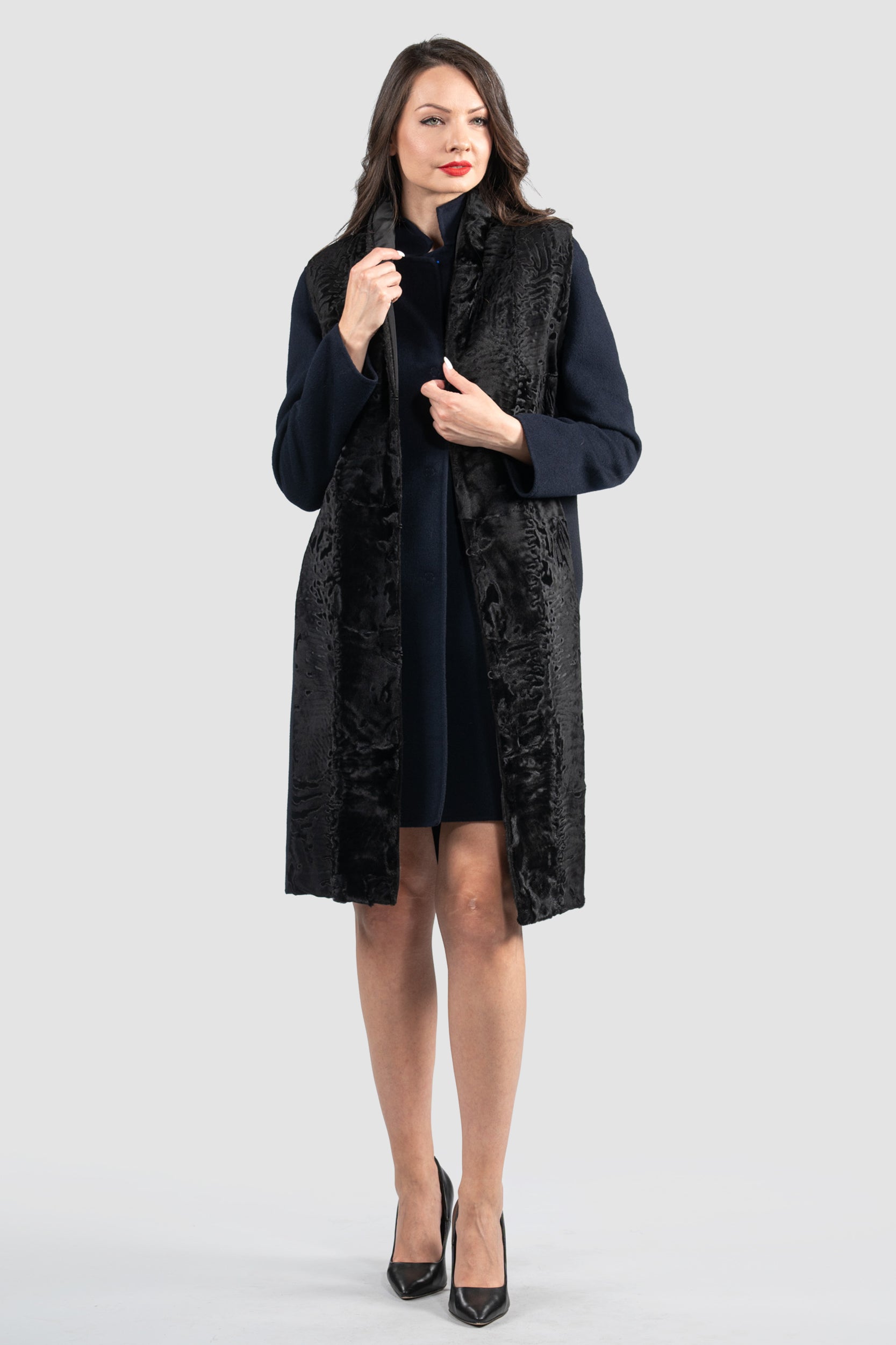 Women's Cashmere Half Coat & Vest with Swakara Trim
