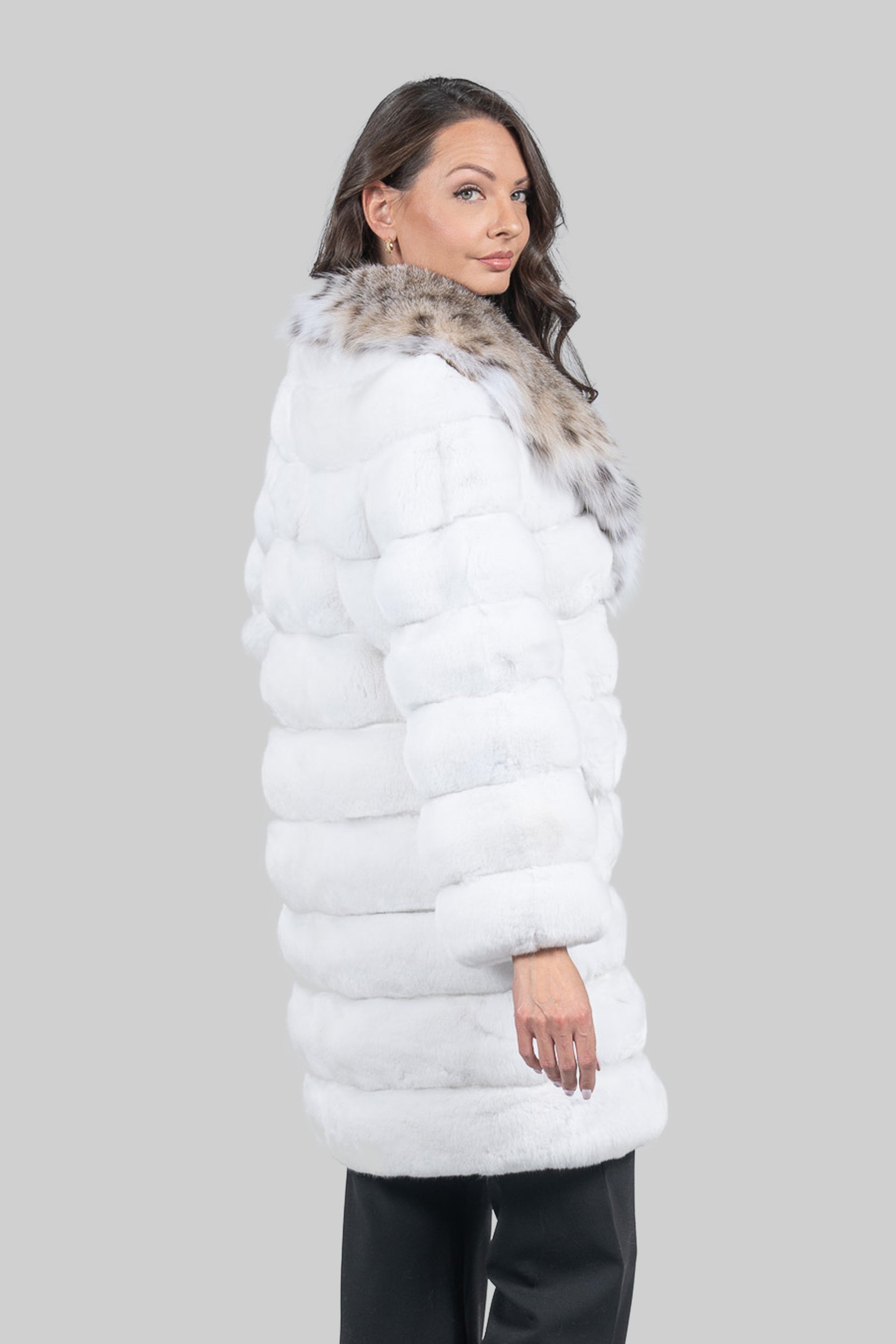 Pure White Chinchilla Half Coat with Bobcat Fur Collar