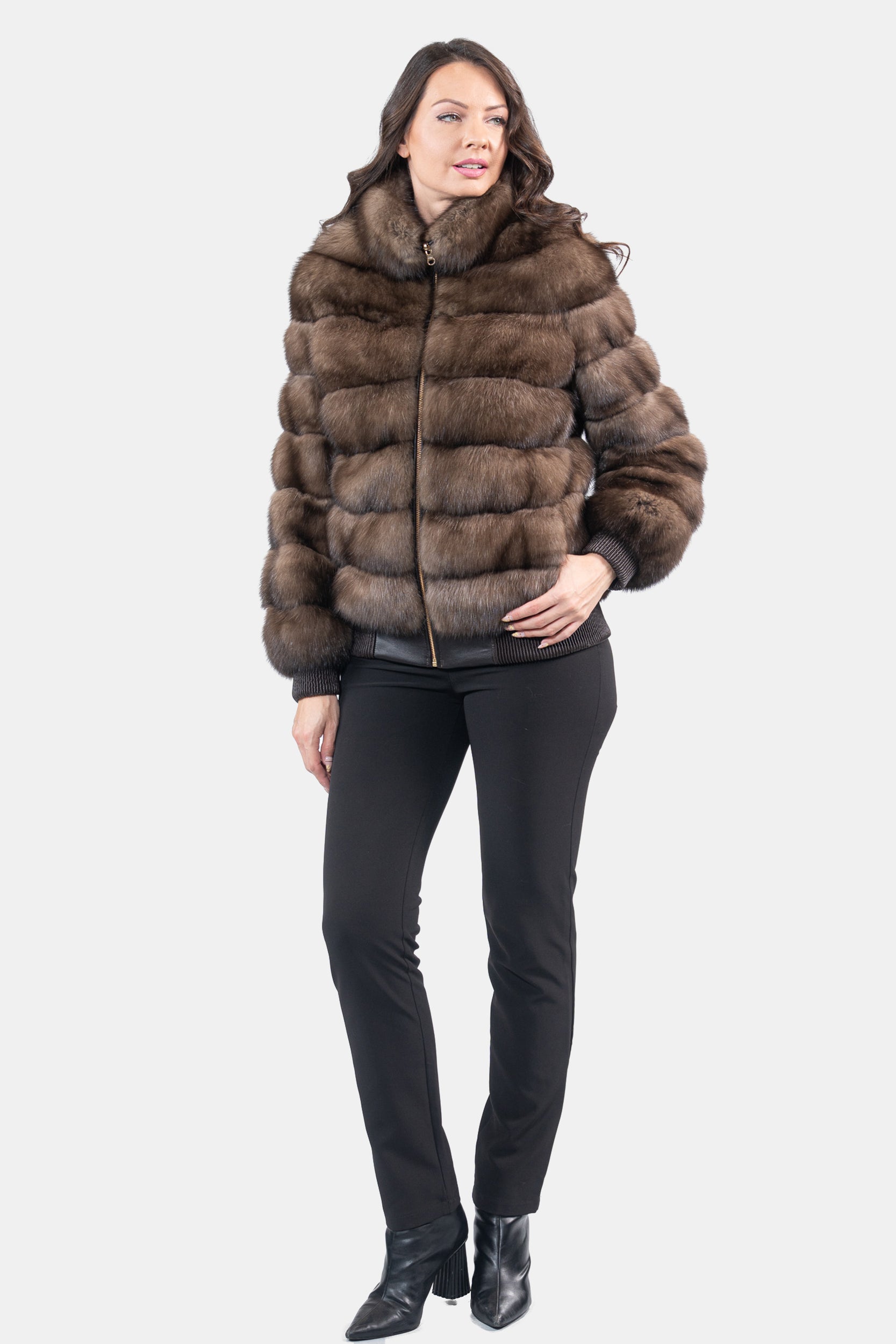 Reversible Titanium Russian Sable Bomber Jacket with Stand Collar