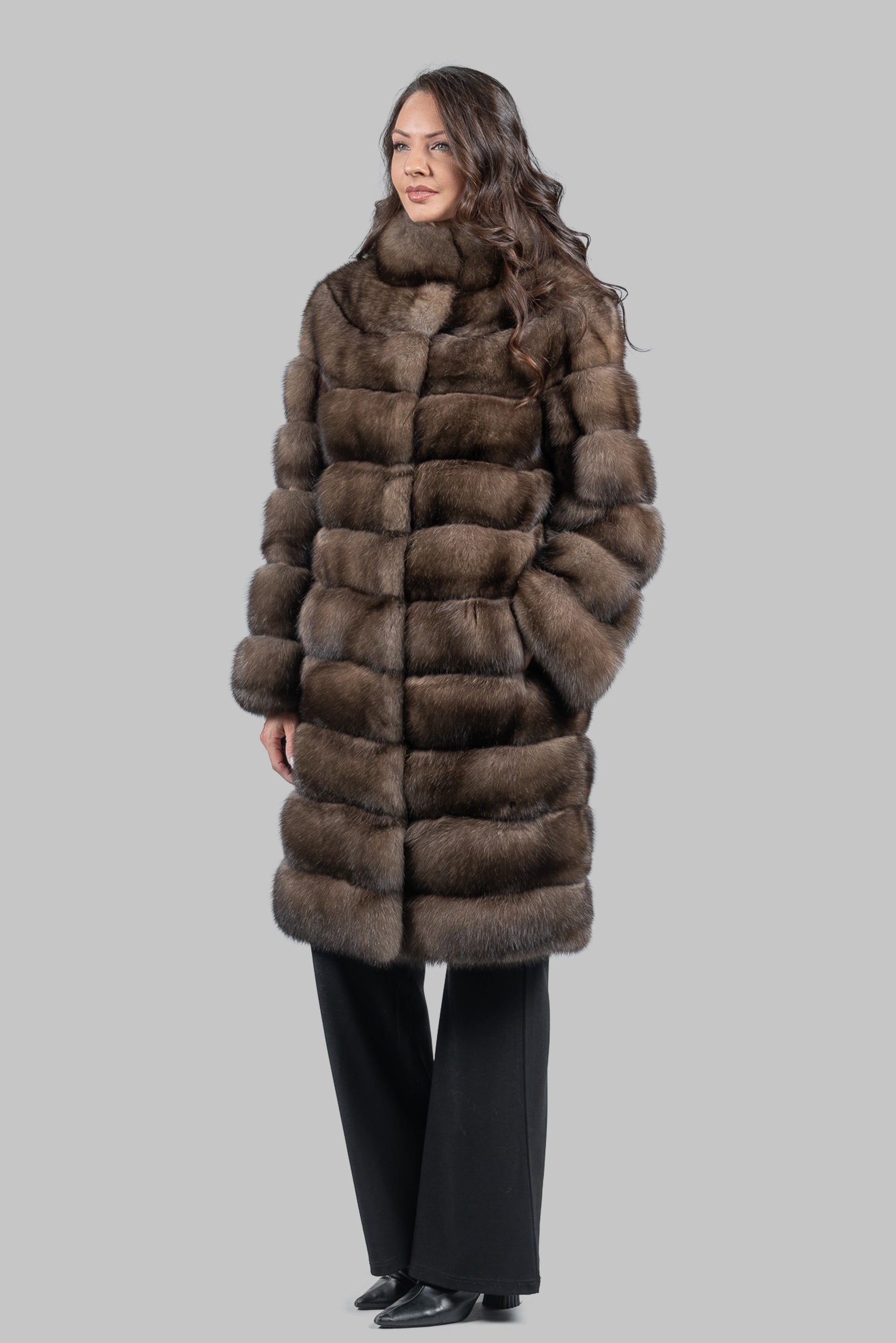 Platino Sable Long Coat with Stand Collar