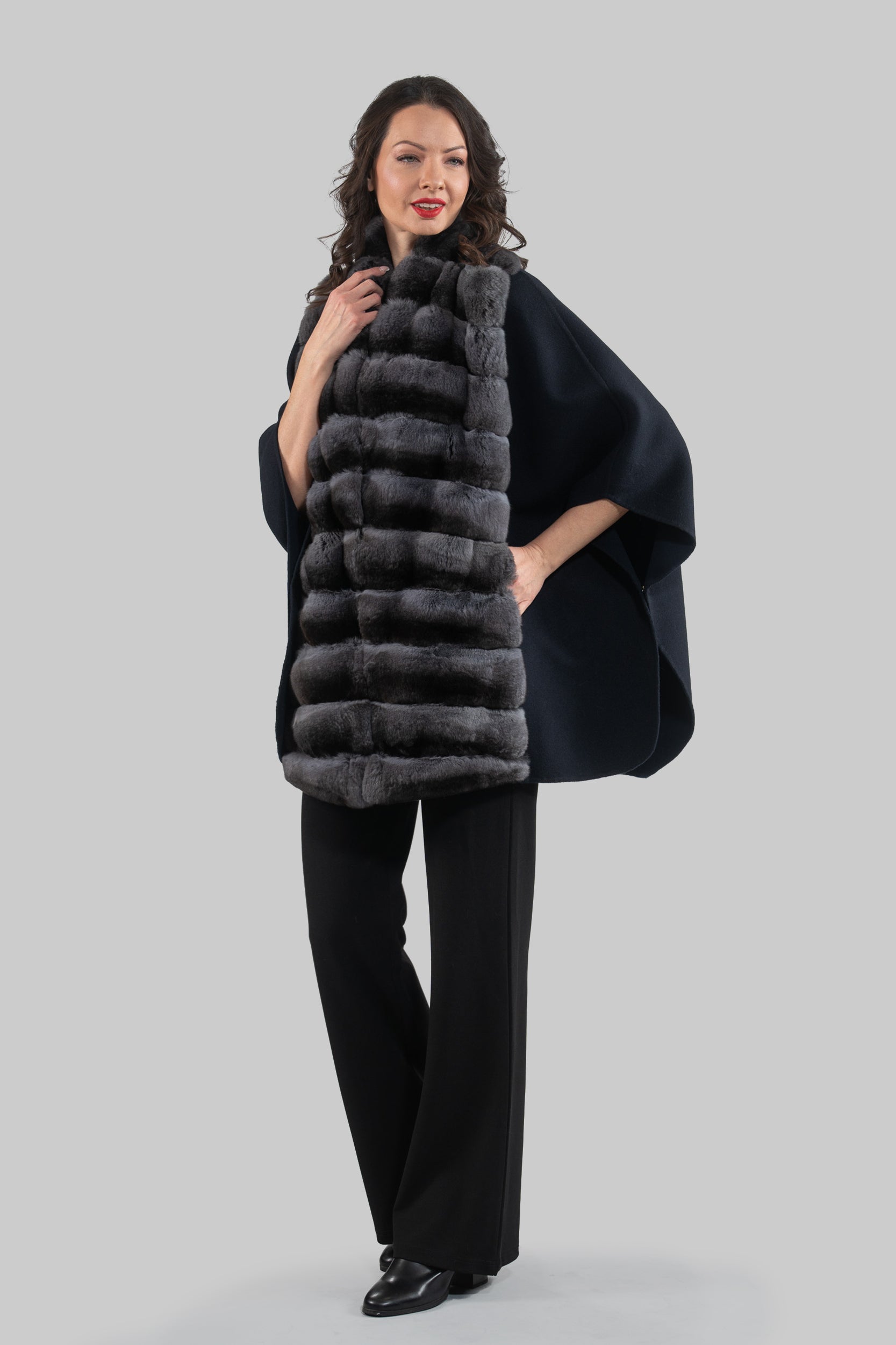 Blue Black Cashmere Cape with Oracle Chinchilla Trim