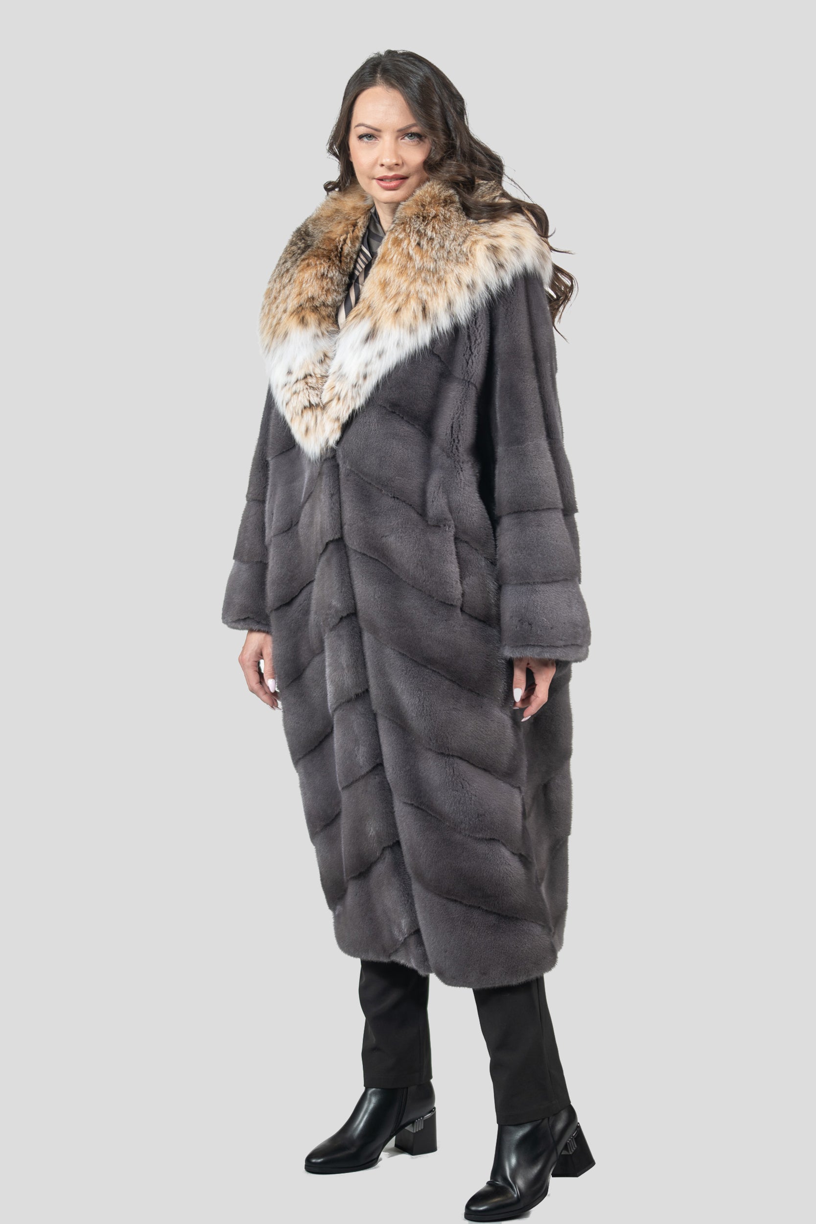 Grey Moon Mink Coat with Bobcat Hood