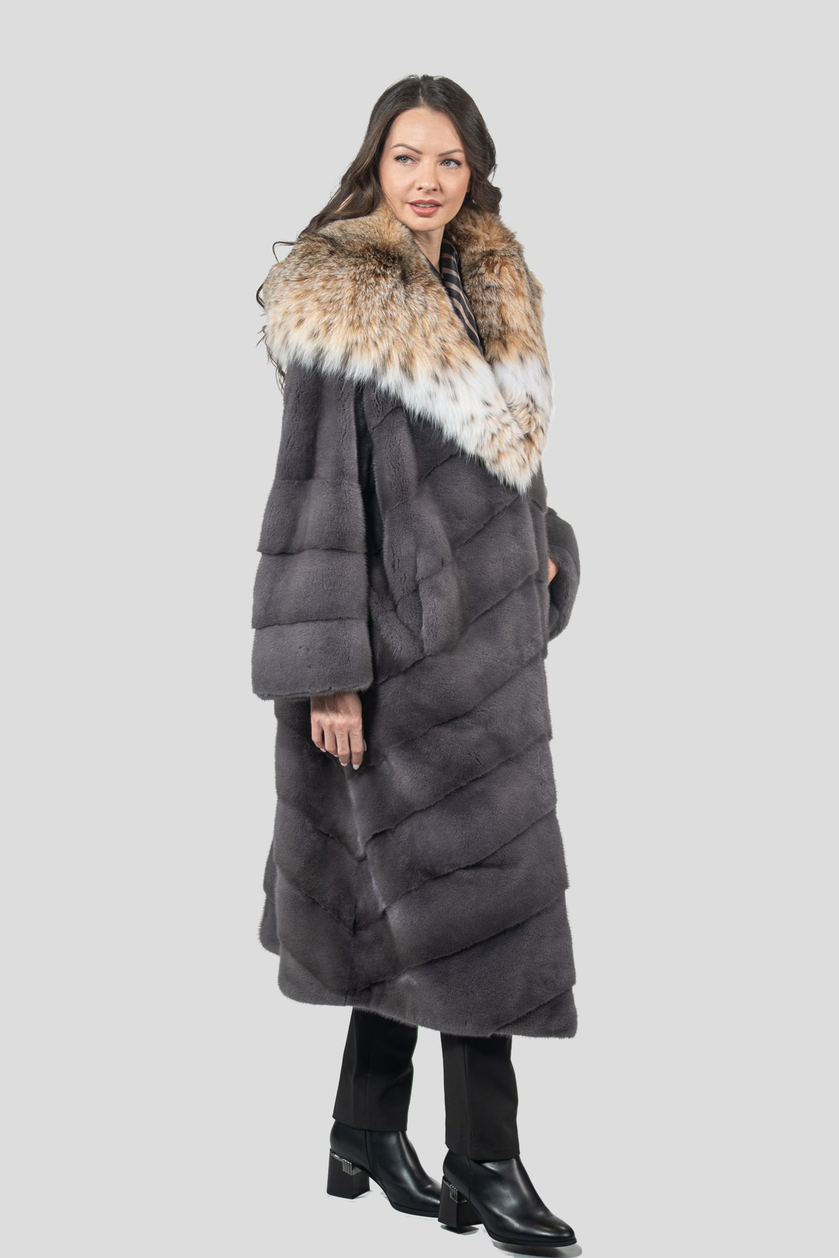 Grey Moon Mink Coat with Bobcat Hood
