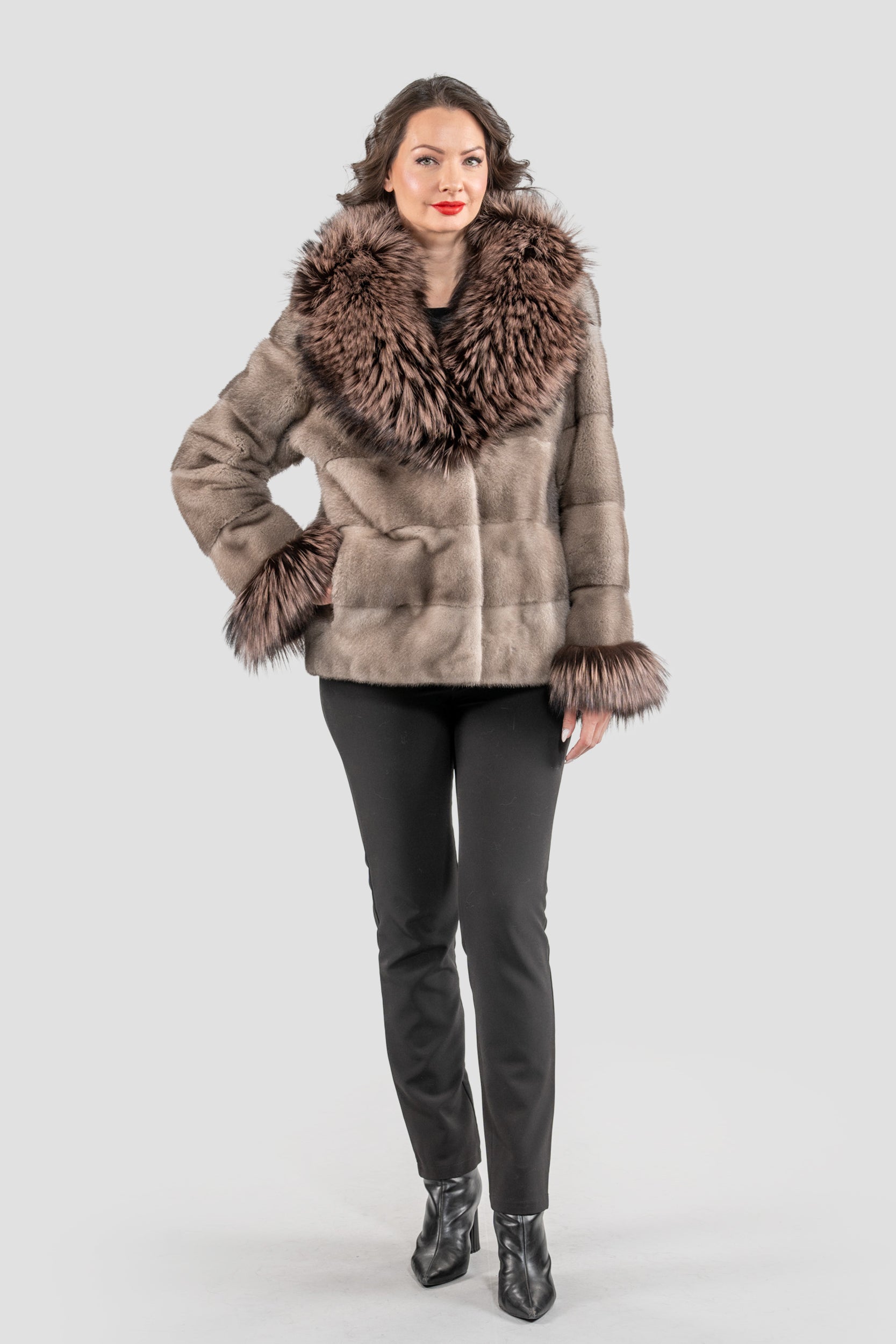 Silver Blue Mink Fur Jacket with Fox Shawl Collar and Cuffs