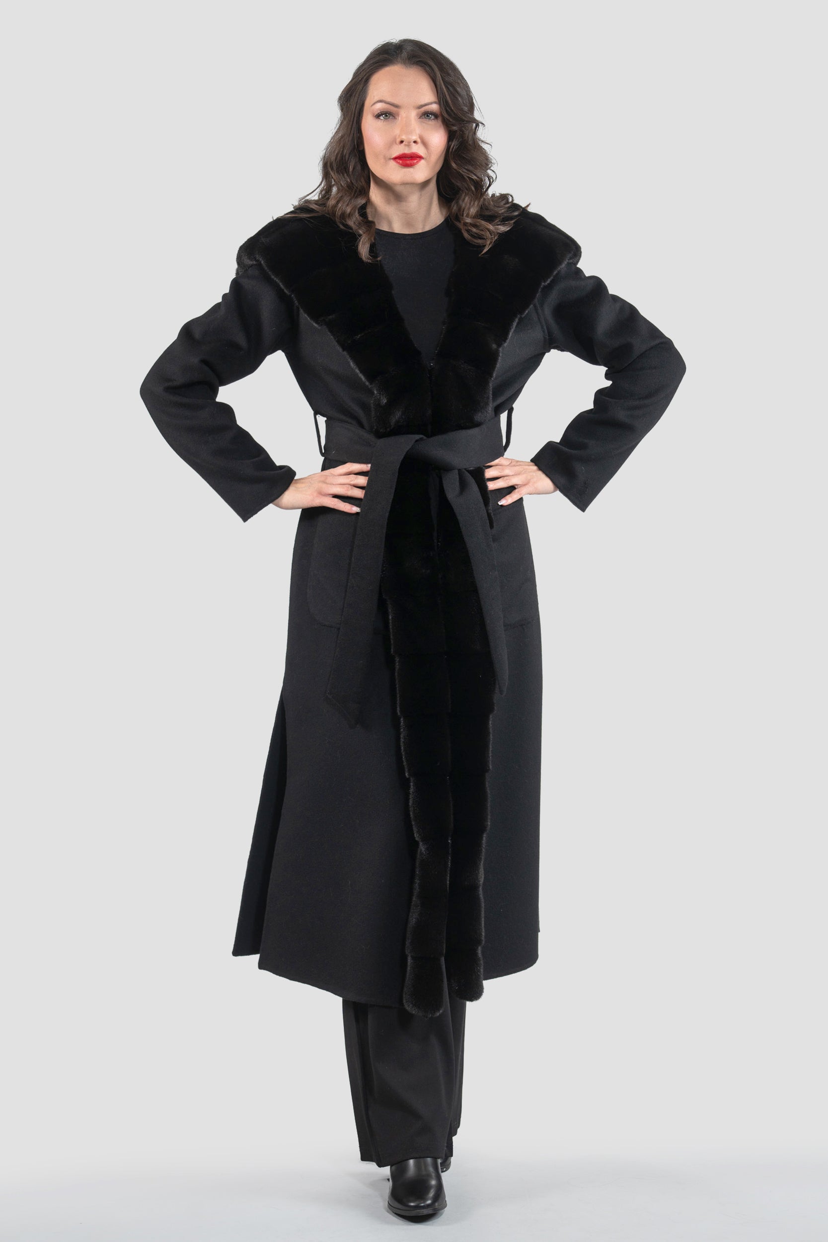Black Cashmere Hooded Coat with Mink Trim