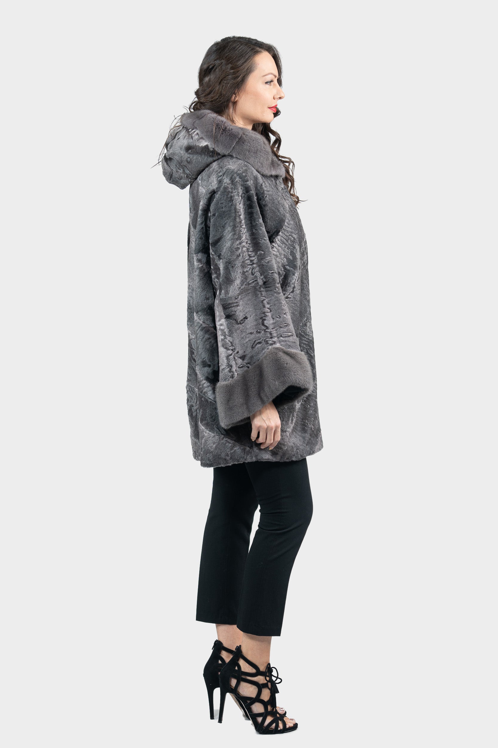Grey Moon Swakara Half Coat with Mink Trim