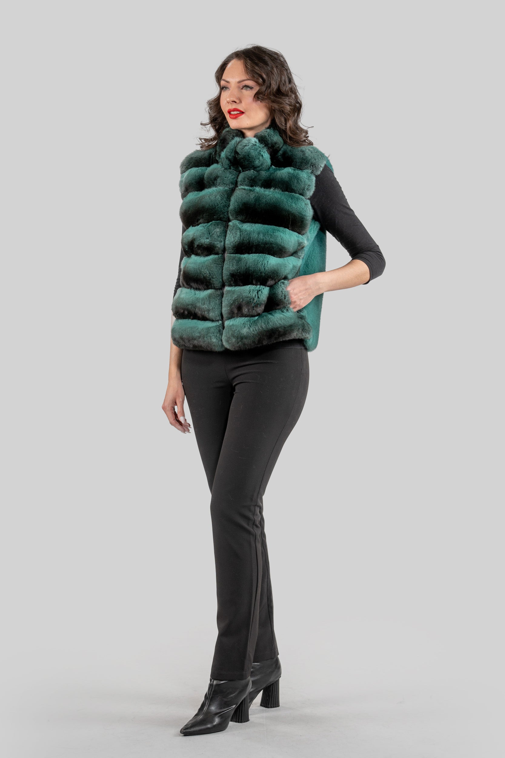 Emerald Green Chinchilla Fur Vest with Stand Collar and Mink Trim
