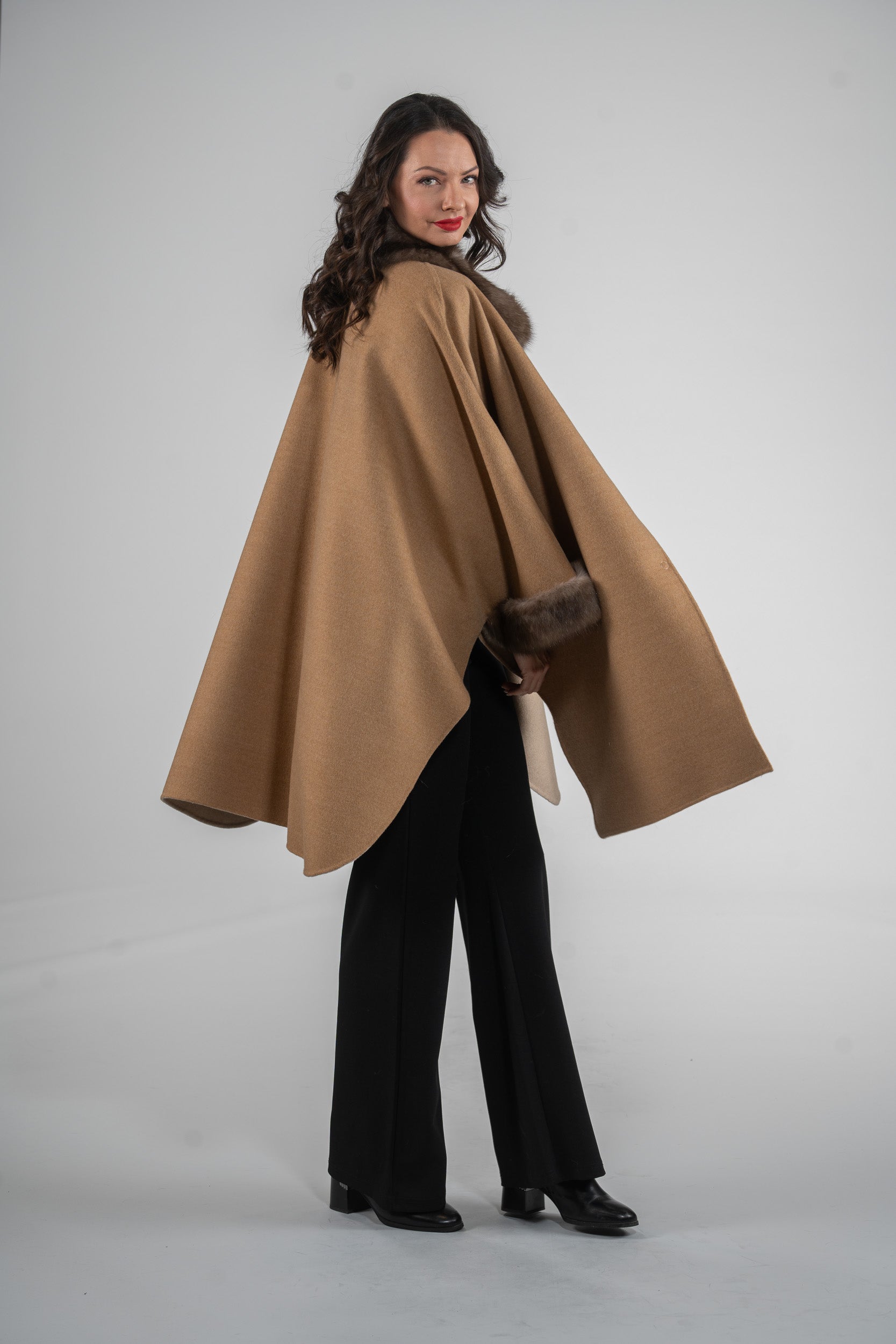 Beige Cashmere Cape with Russian Sable Trim