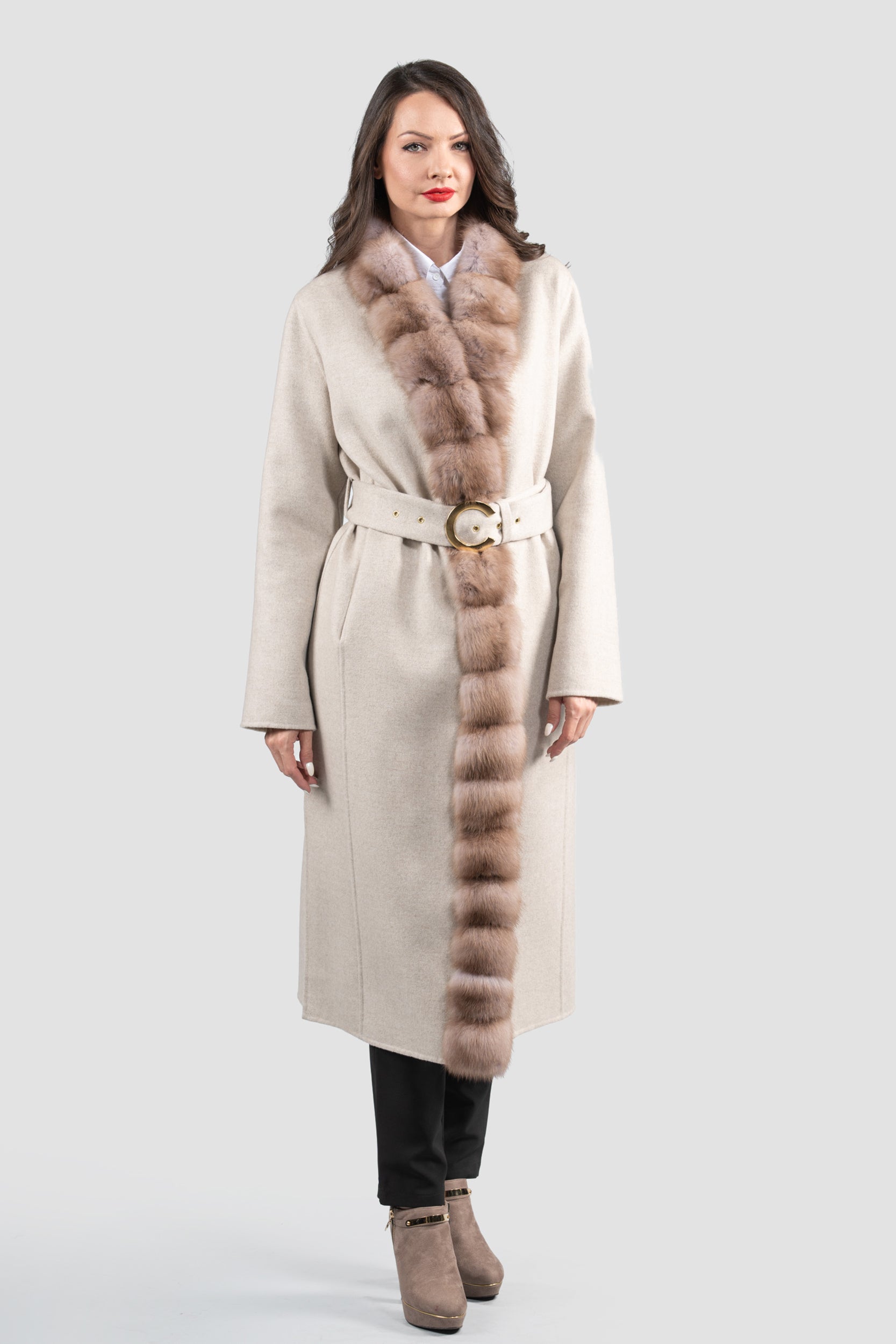 White Ecru Cashmere Coat with Russian Sable Trim
