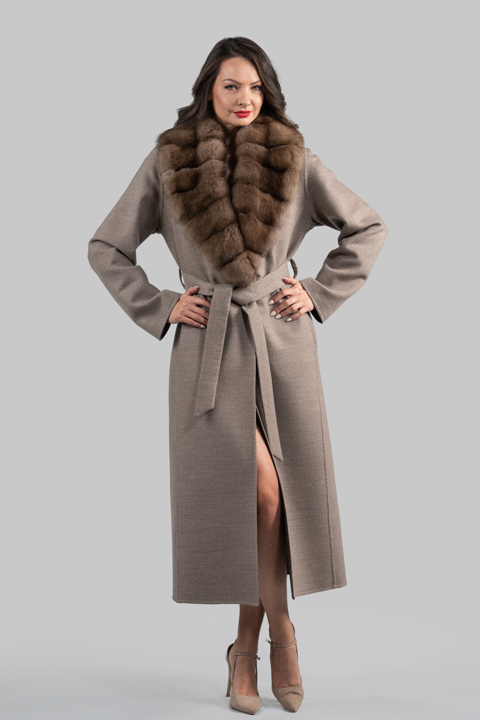 Brown Gray Cashmere Coat with Russian Sable Shawl Collar
