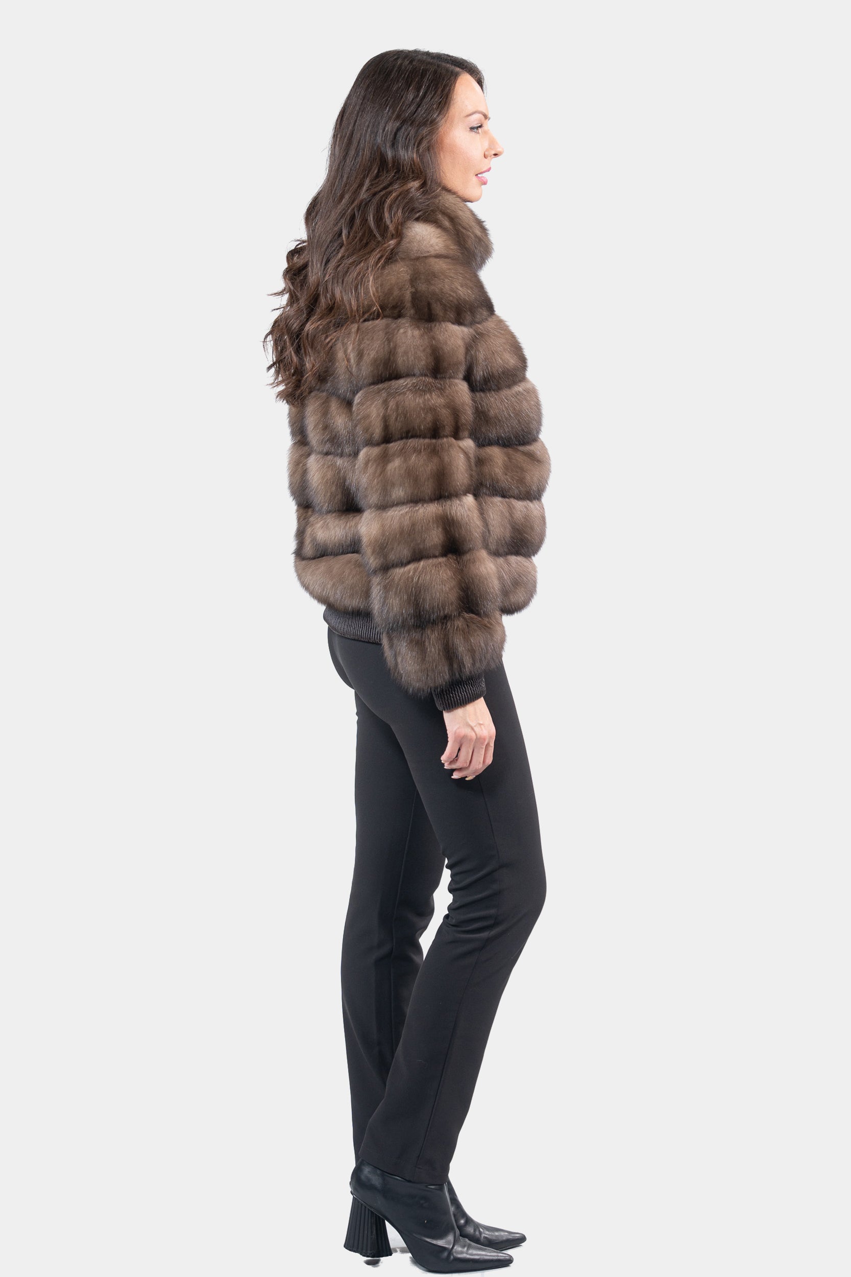 Reversible Titanium Russian Sable Bomber Jacket with Stand Collar