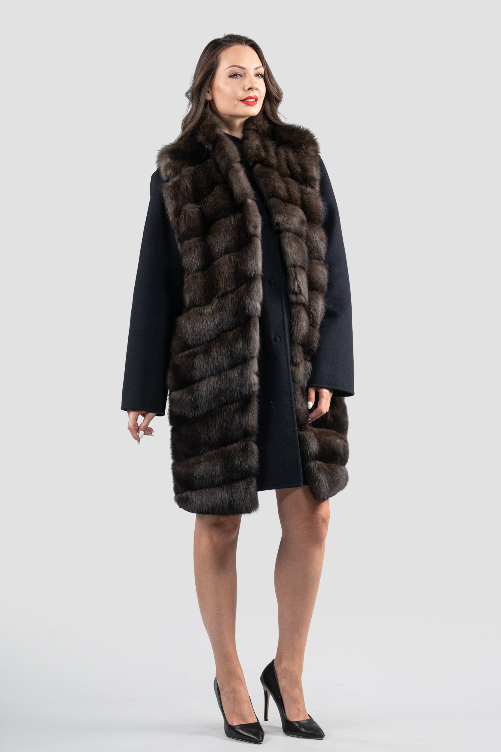 Blue Black Cashmere Half Coat & Vest with Russian Sable Trim