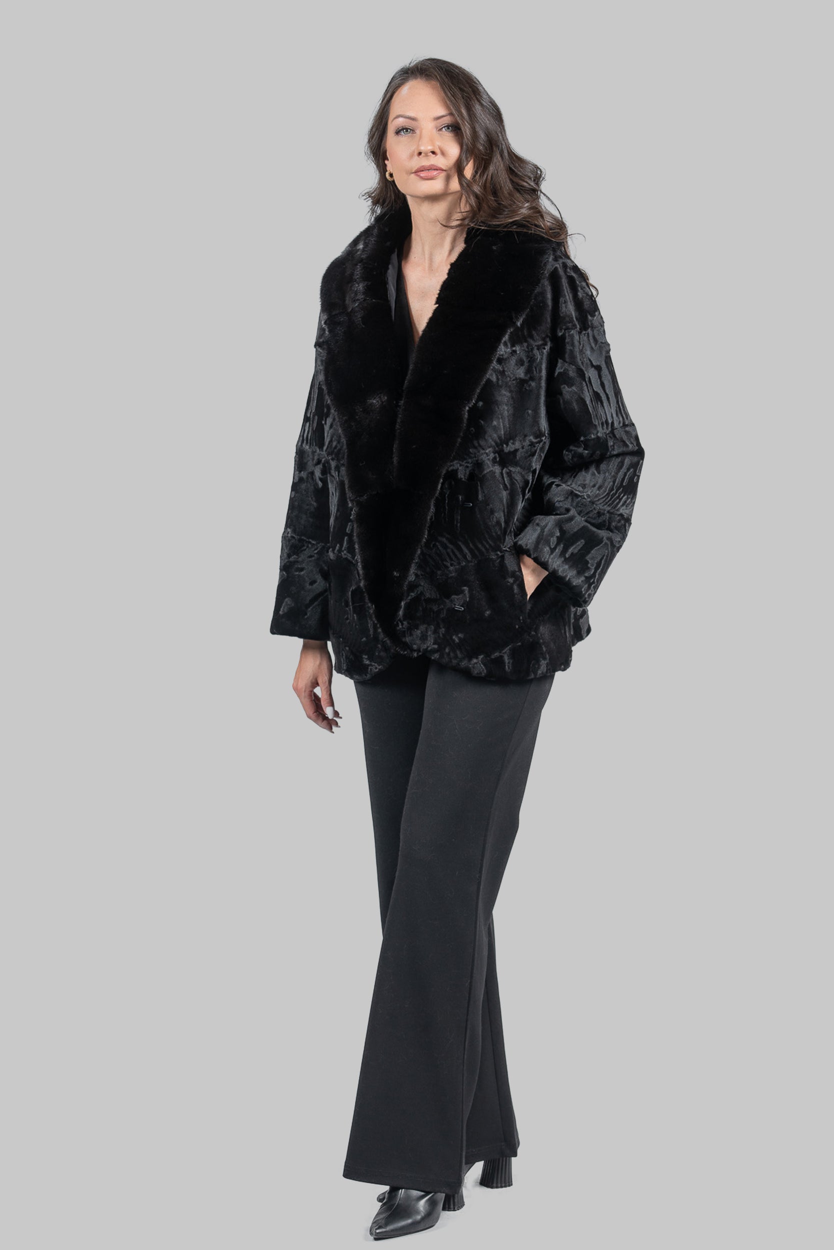 Black Swakara with Extended Mink Shawl Collar Fur Jacket