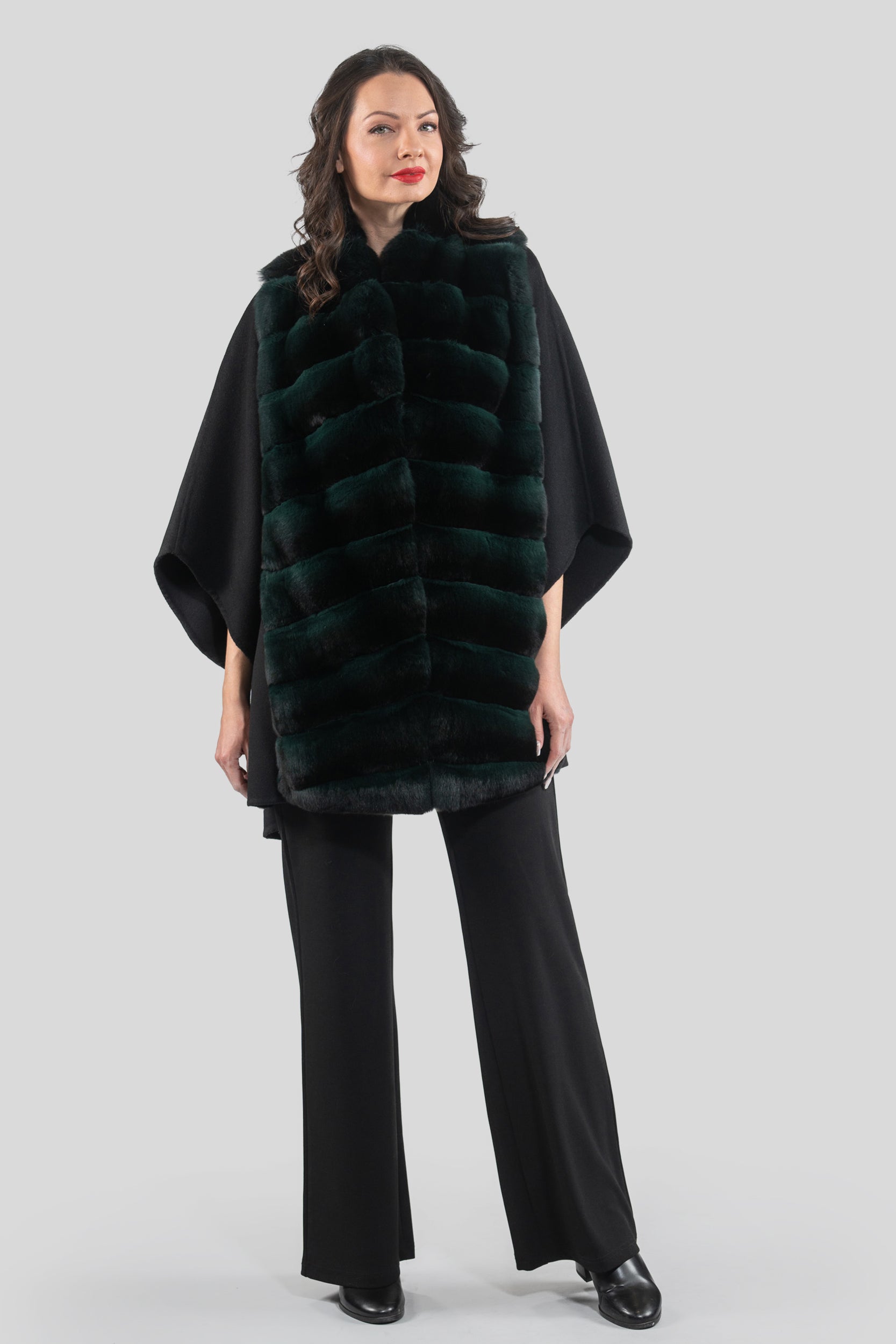 Black Cashmere Cape with Green Chinchilla Trim