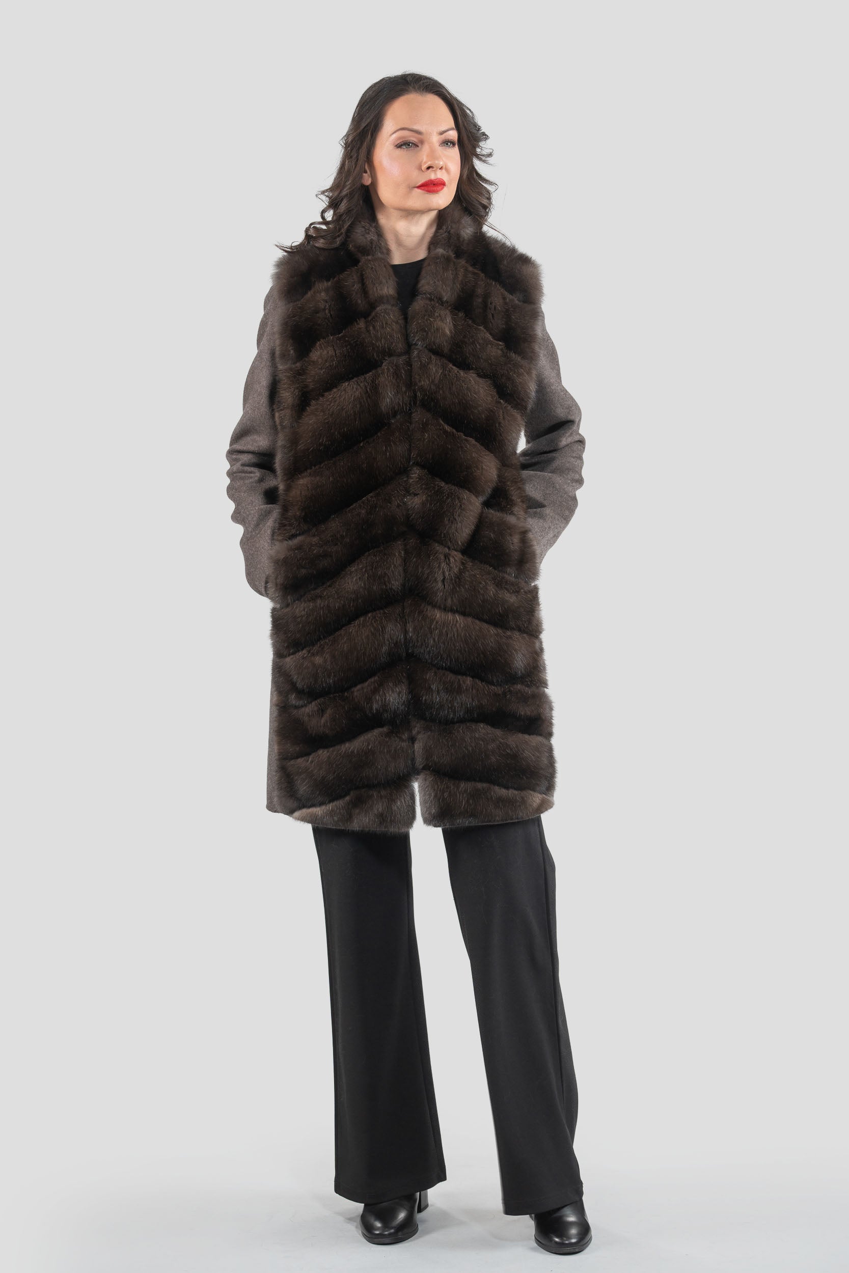 Brown Grey Cashmere Half Coat & Vest with Russian Sable Trim