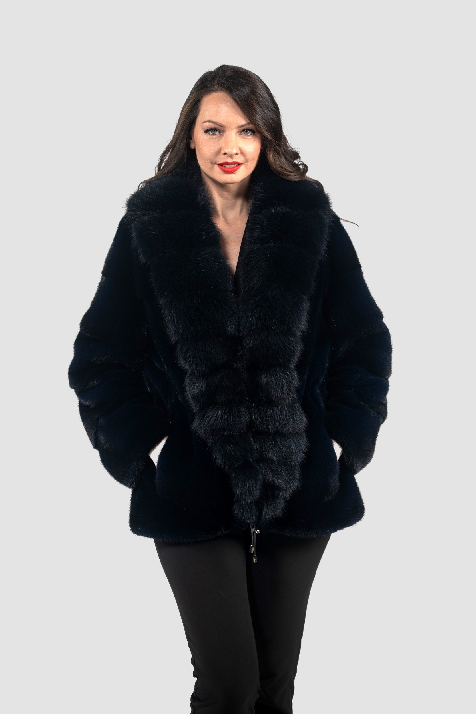 Blue Black Mink Half Coat with Extended Baumarten Shawl Collar