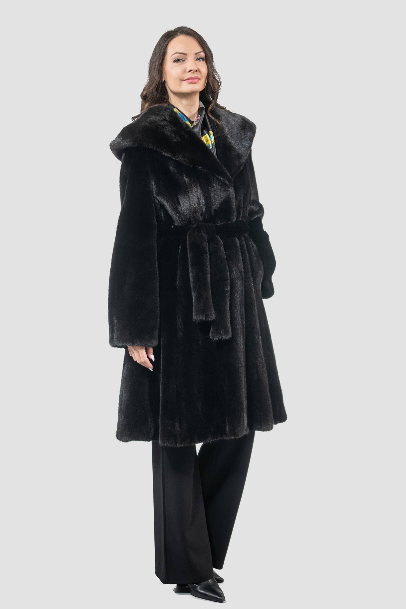 Blackgalama Mink Hooded Half Coat with Belt