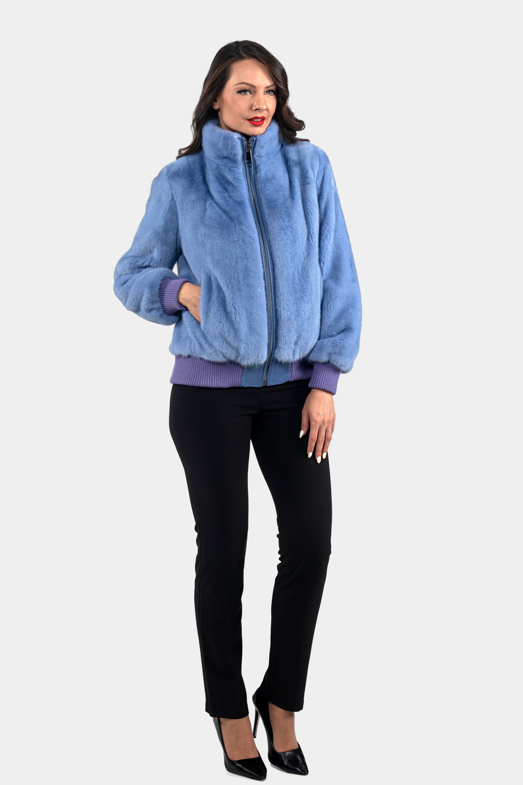Aqua Marine Mink Bomber Jacket with Stand Collar