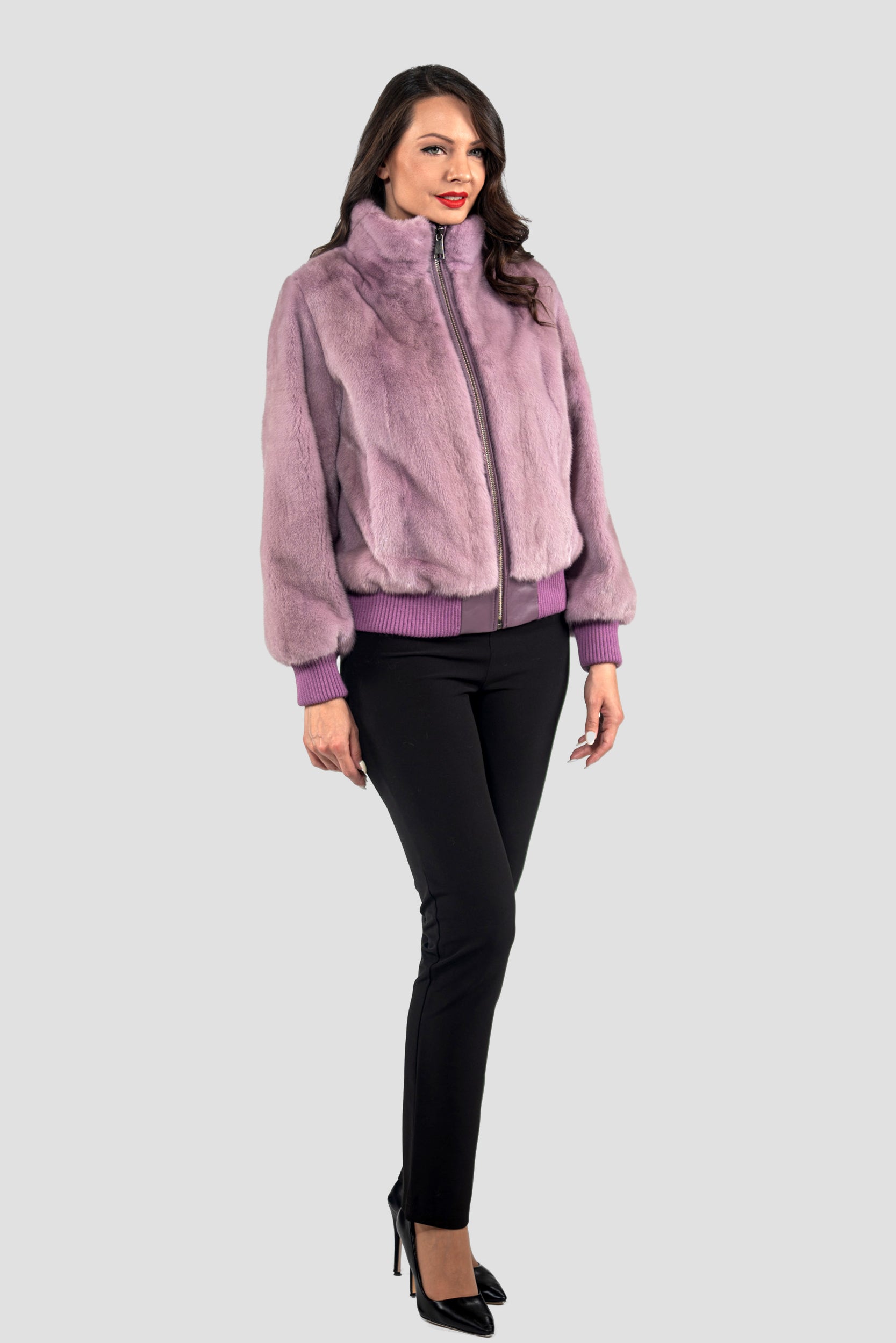 Dark Violet Mink Bomber Jacket with Stand Collar