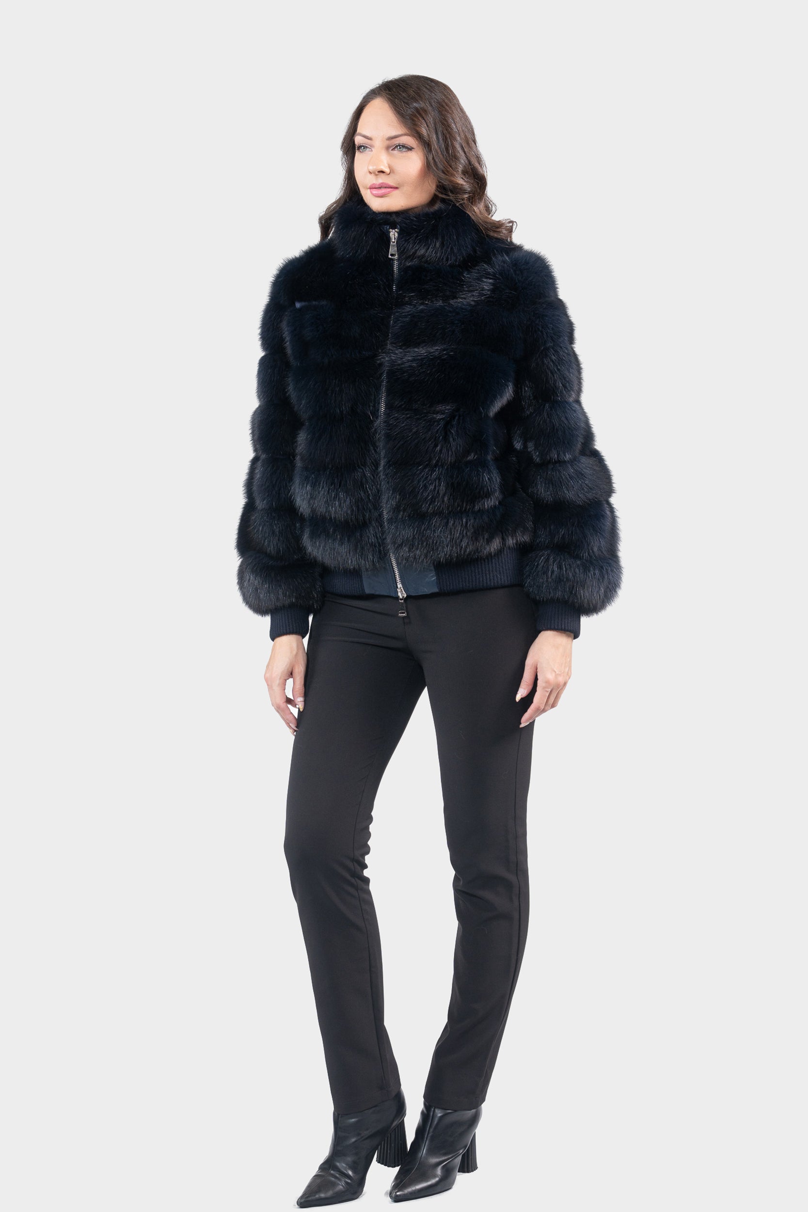 Blue Black Baumarten Bomber Jacket with Stand Collar