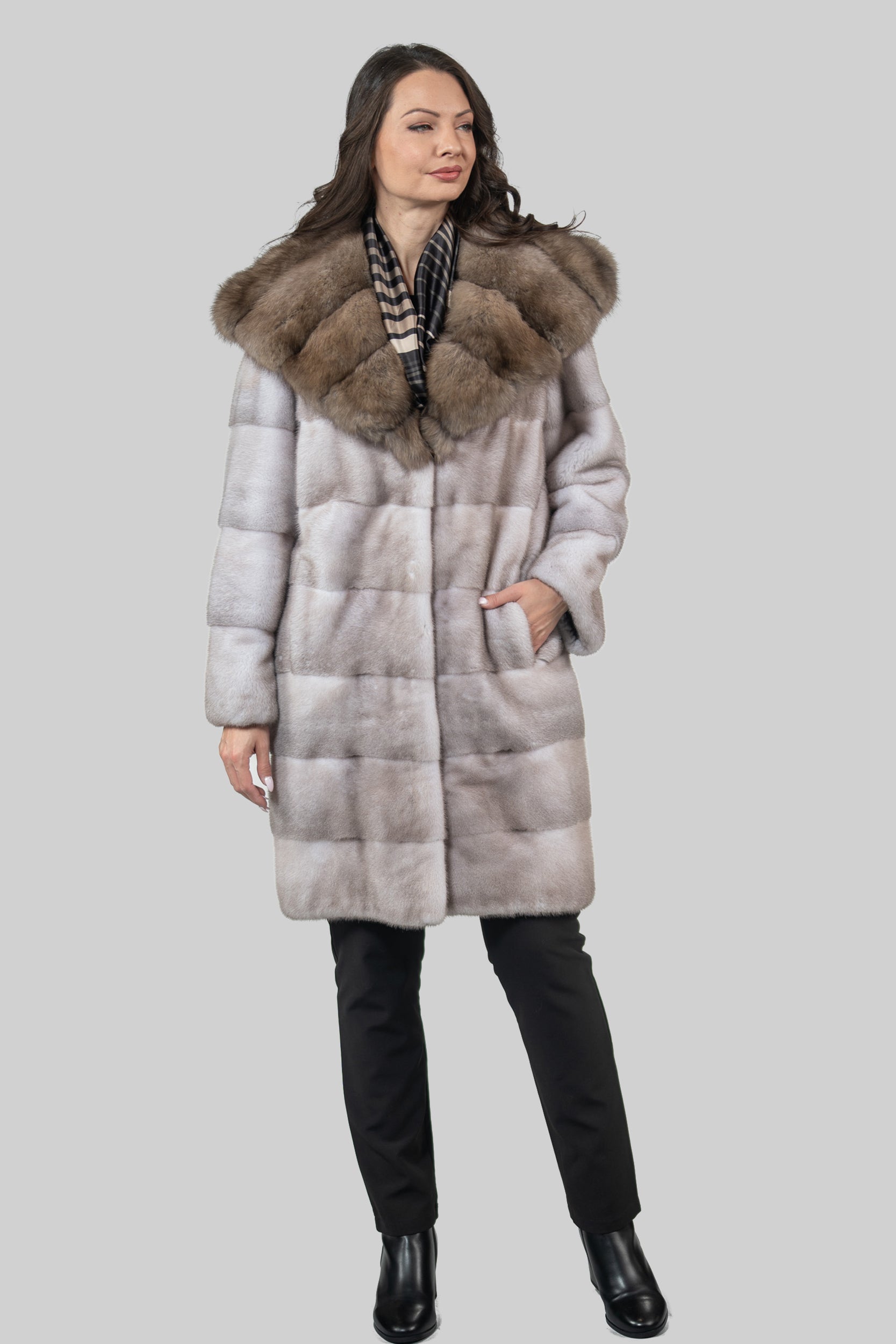 Silver Blue Mink Half Coat With Russian Sable Hood