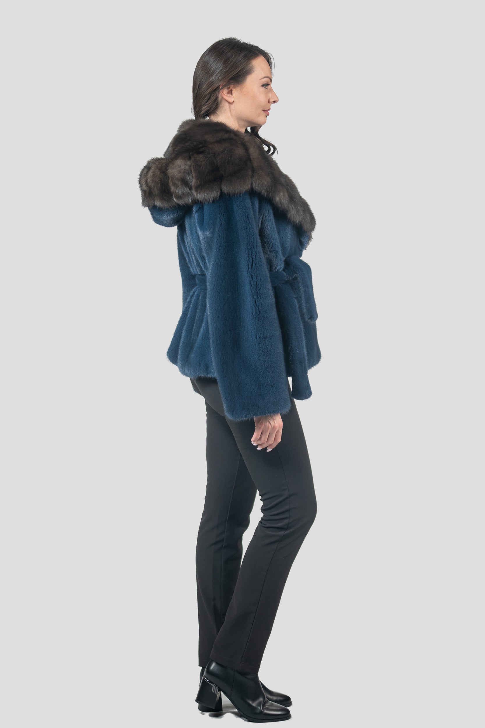 Blue Jean Mink Half Coat with Russian Sable Hood