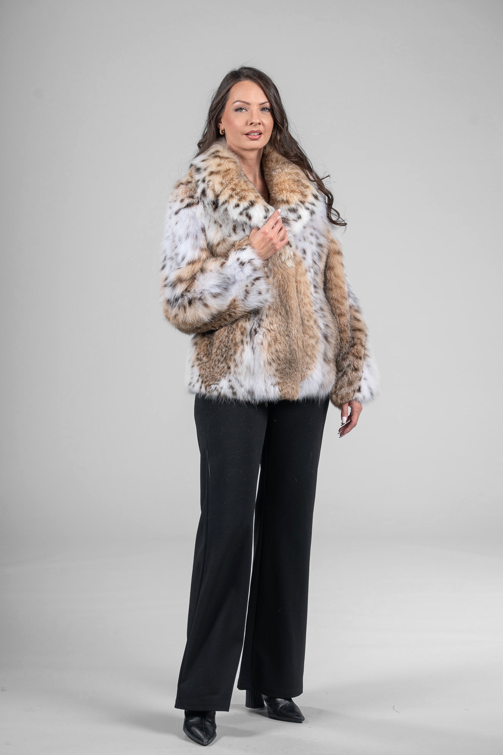 Bobcat Fur Jacket with Notch Collar in Natural Spotted Pattern