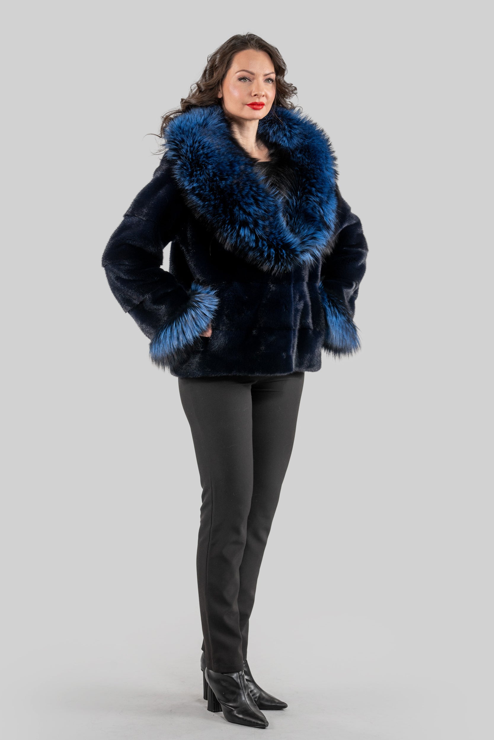 Purple Mink Jacket with Fox Trimmed Shawl Collar