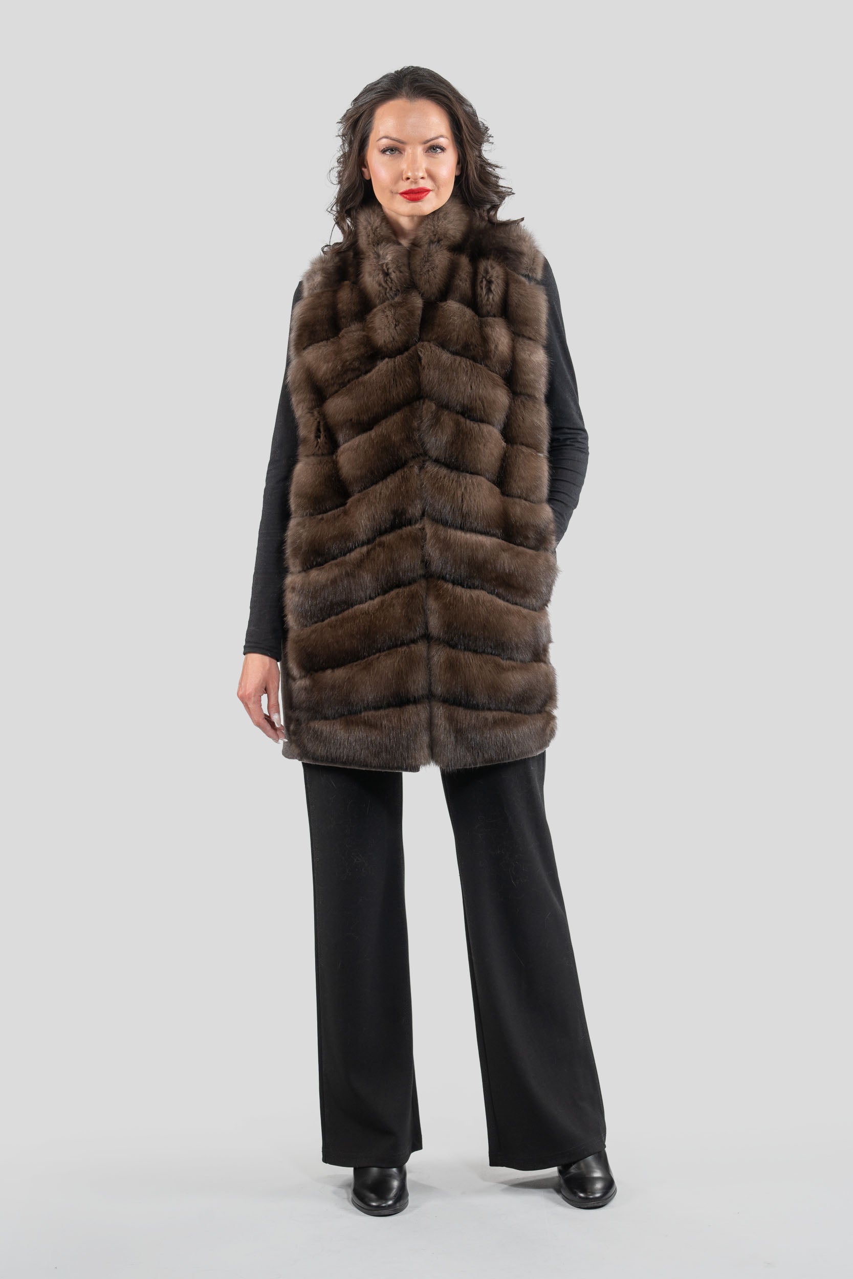 Brown Cashmere Vest with Russian Sable Trim