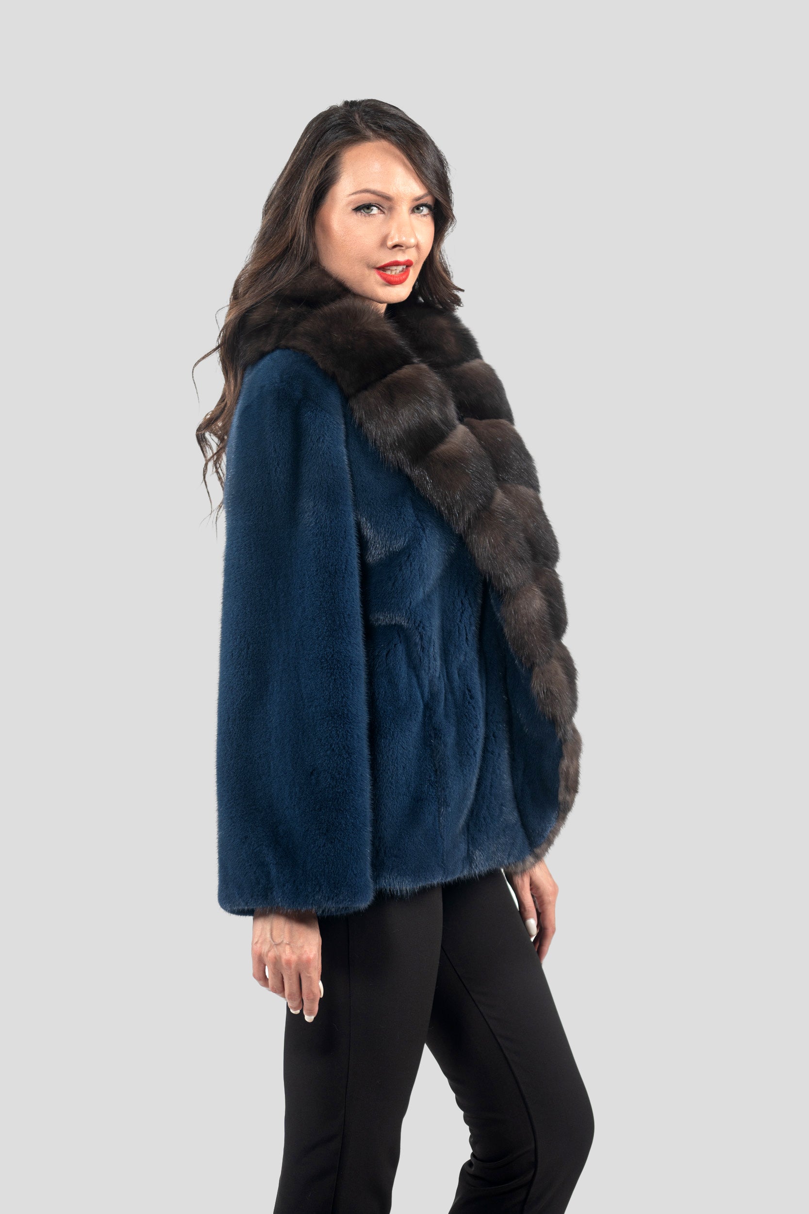 Blue Jean Mink Jacket with Extended Russian Sable Shawl Collar