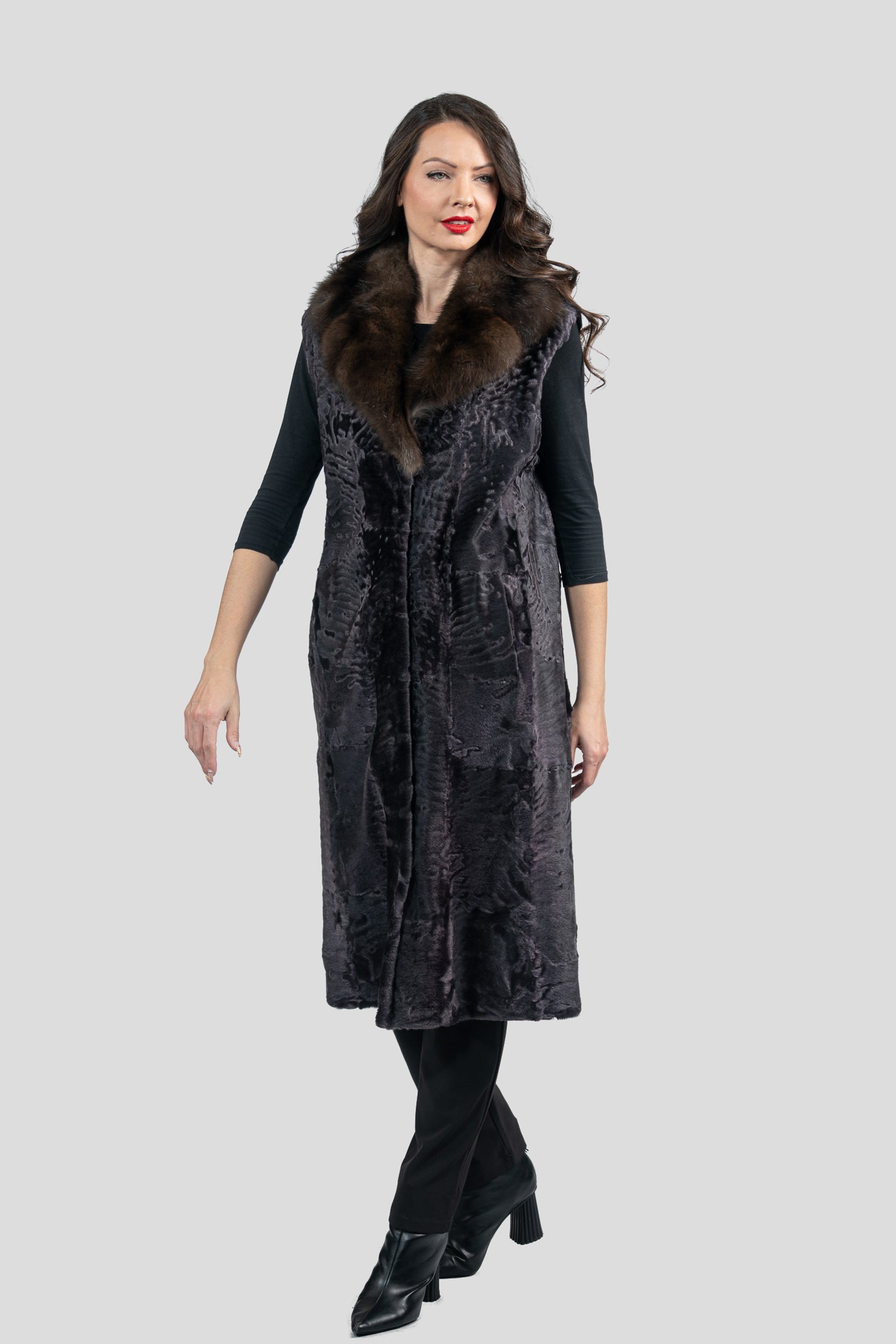 Gray Moon Swakara Vest with Russian Sable Notch Collar