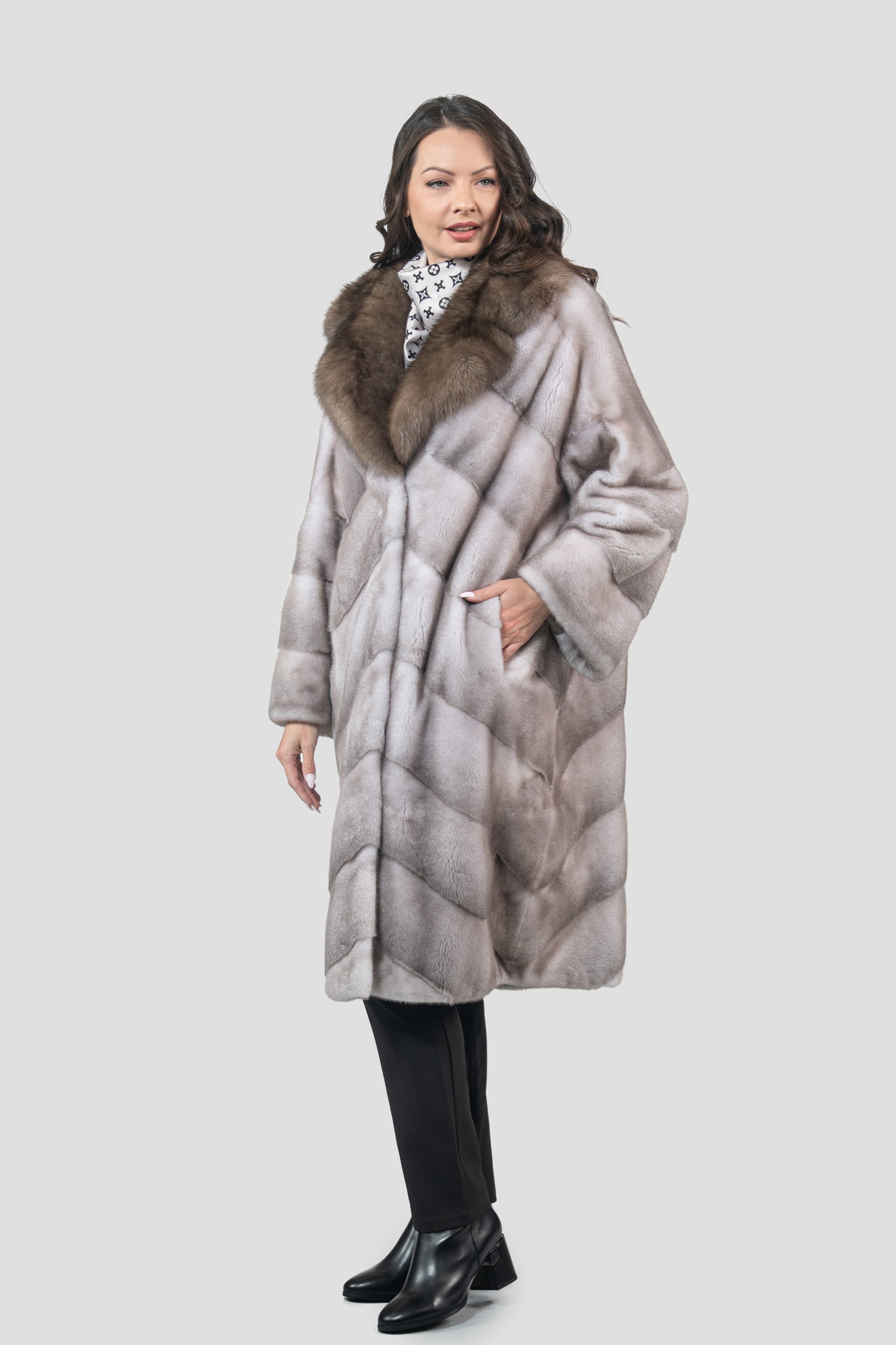 Silver Blue Mink Coat with Russian Sable Trimmed Notch Collar