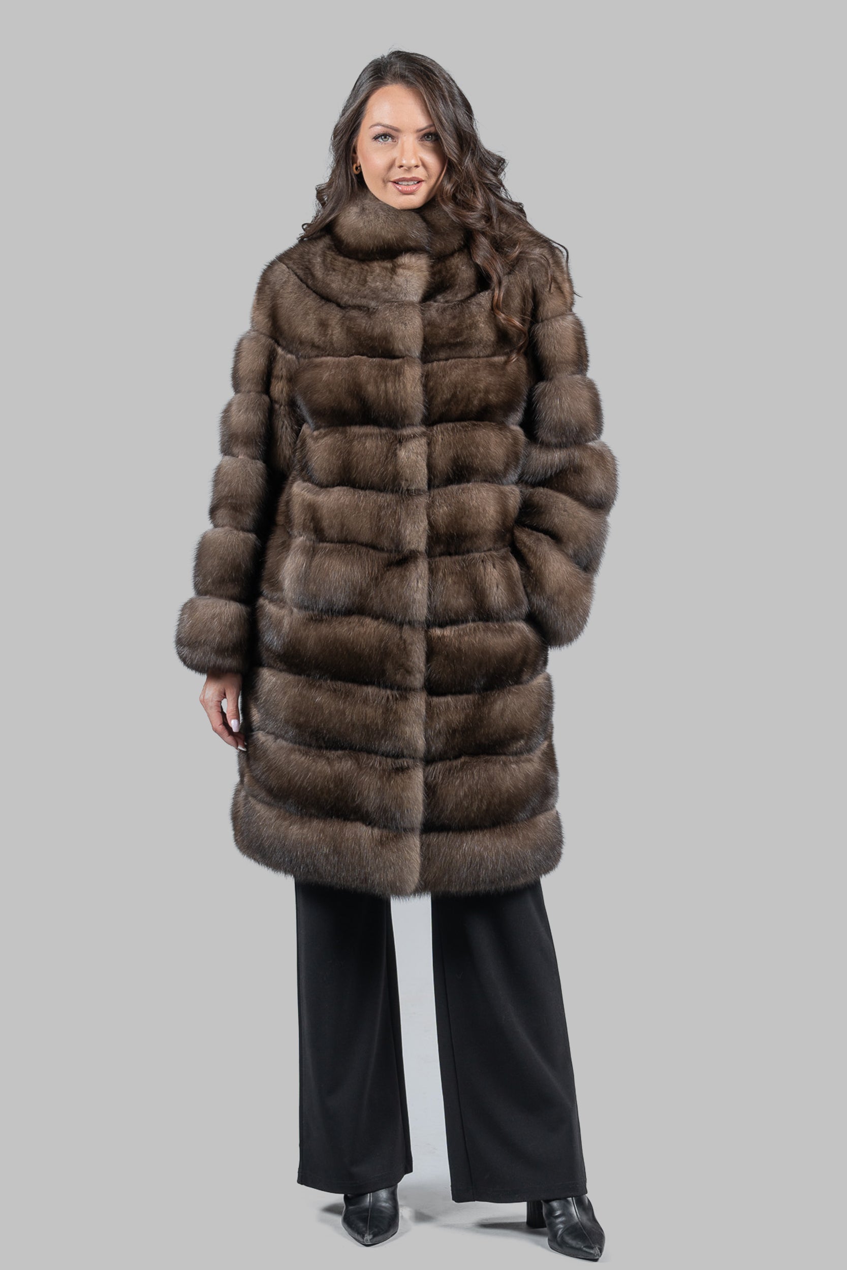 Platino Sable Long Coat with Stand Collar