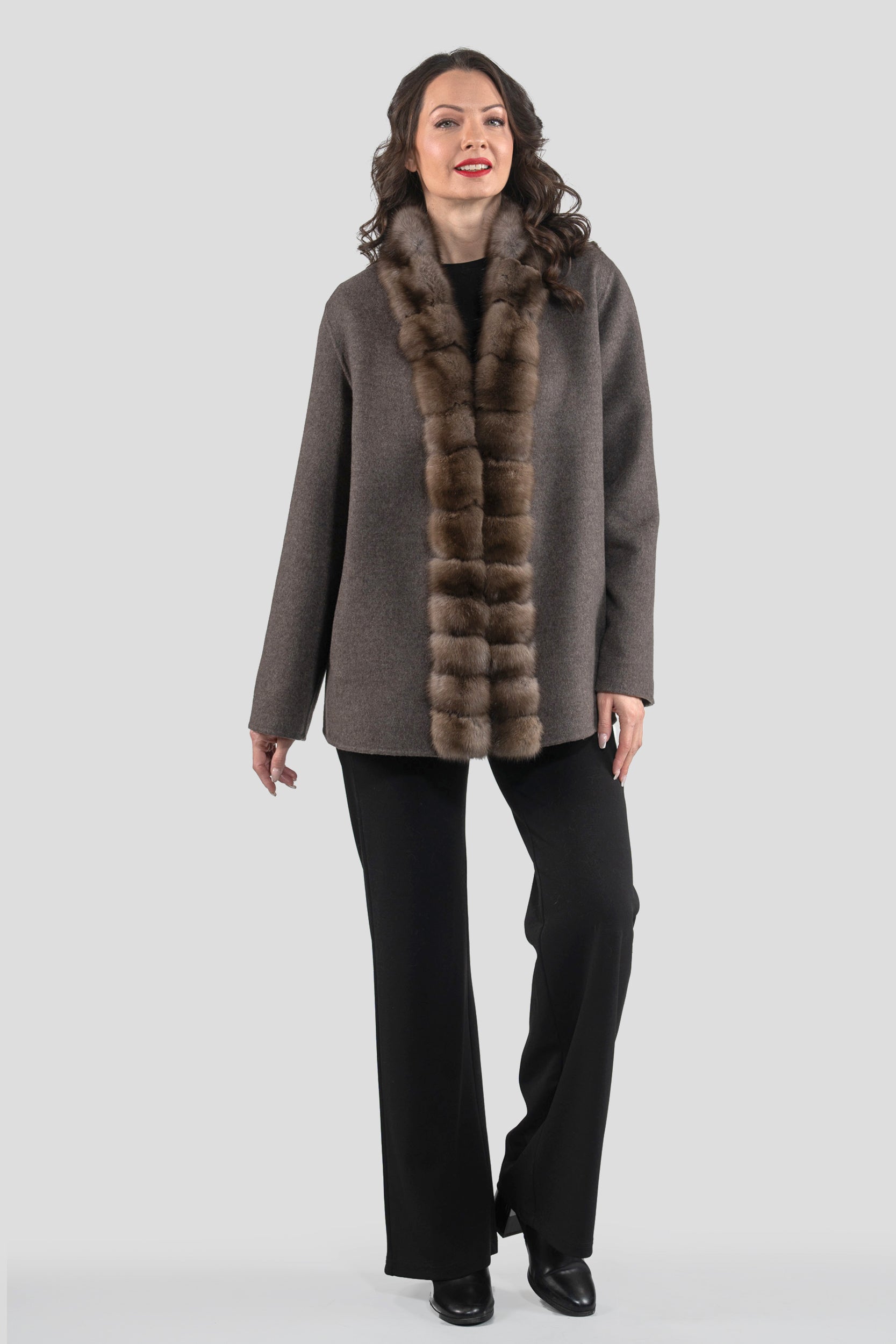 Brown Grey Cashmere Jacket with Russian Sable Trim