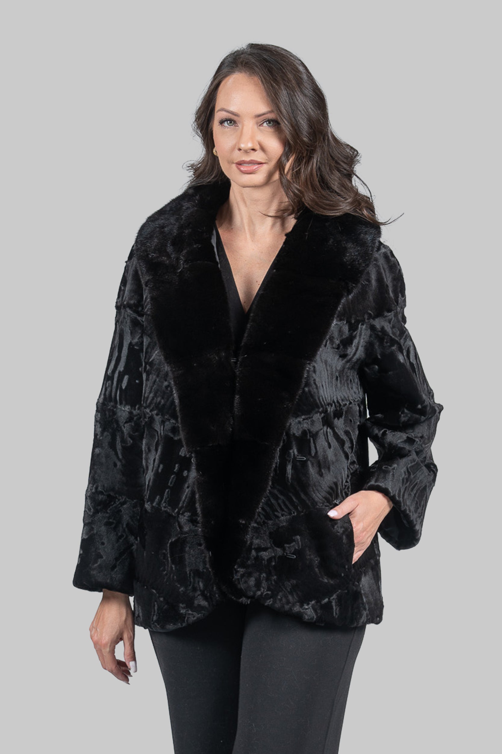 Black Swakara with Extended Mink Shawl Collar Fur Jacket